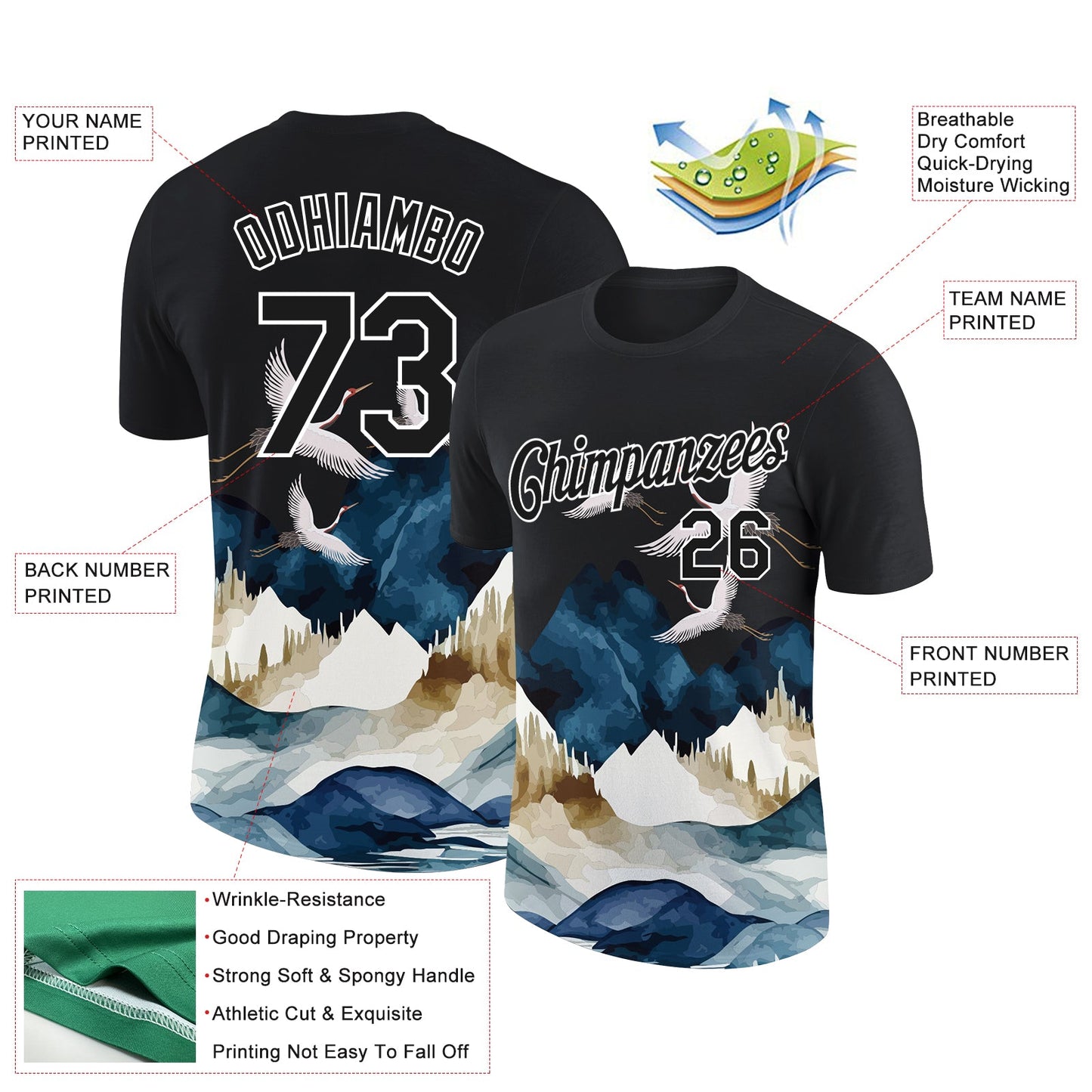 Custom Black White 3D Pattern Design Animal Crane Performance T-Shirt view 2