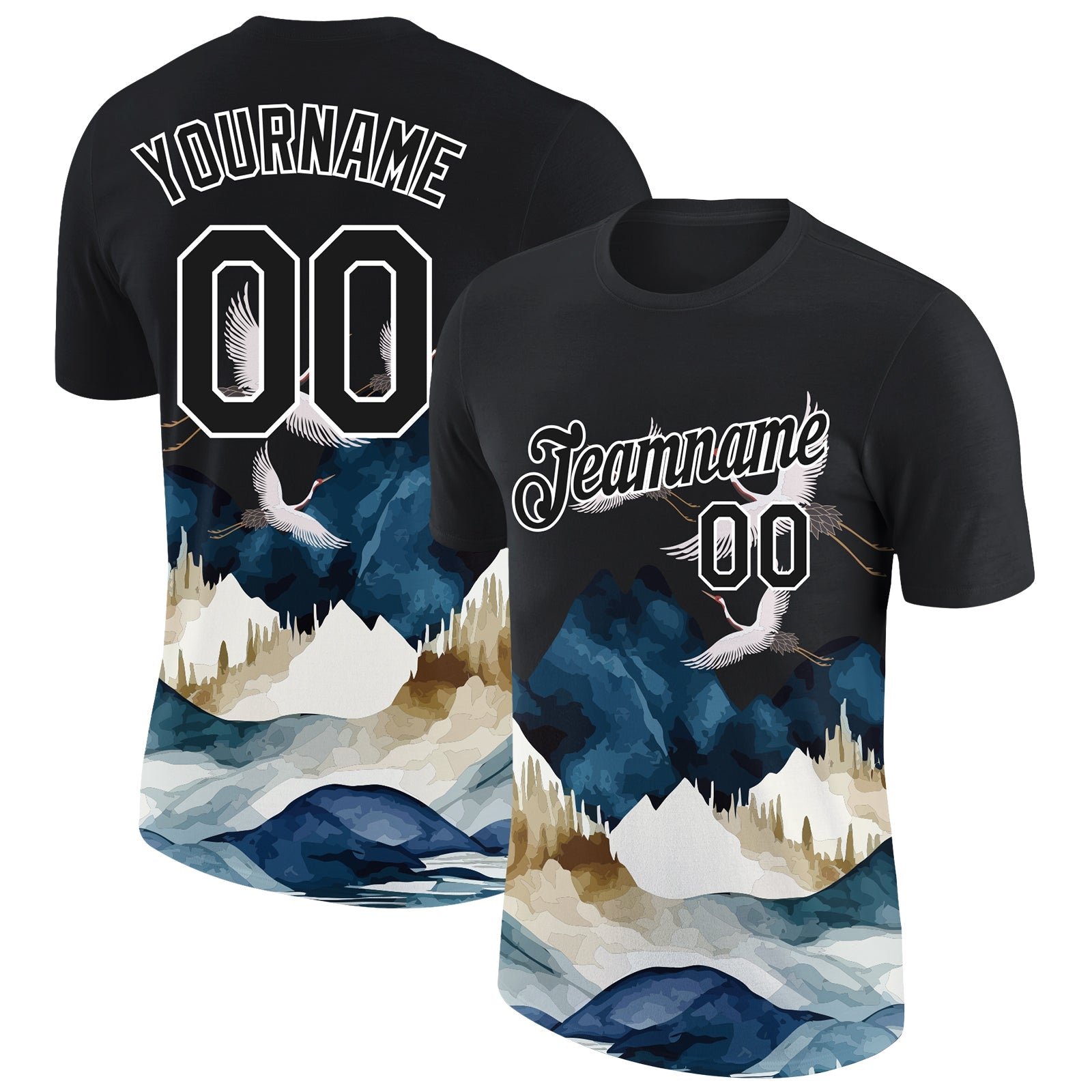 Custom Black White 3D Pattern Design Animal Crane Performance T-Shirt - Main View