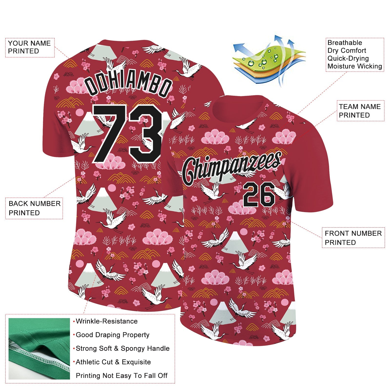 Custom Red Black-White 3D Pattern Design Animal Crane Performance T-Shirt view 2