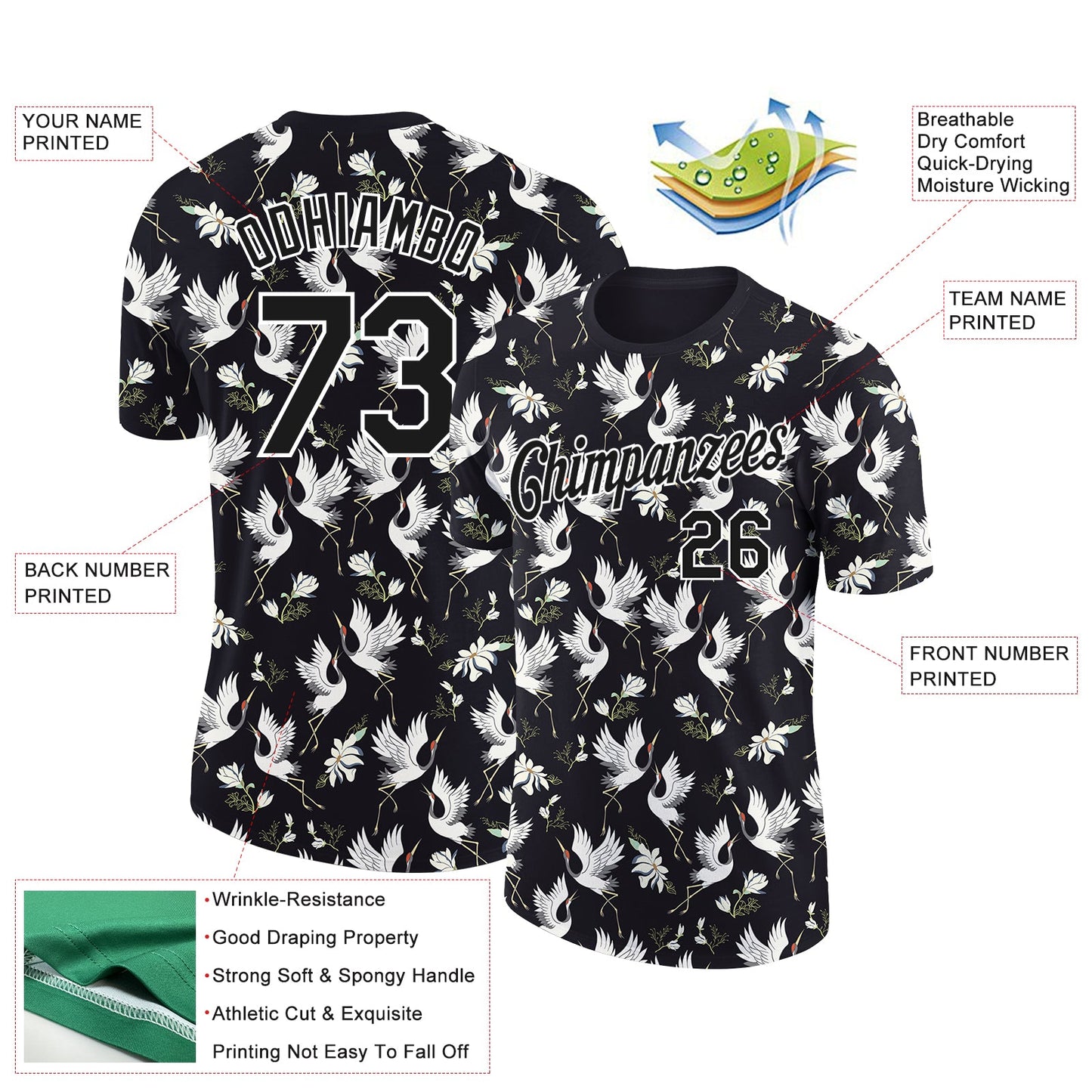 Custom Black White 3D Pattern Design Animal Crane Performance T-Shirt view 2