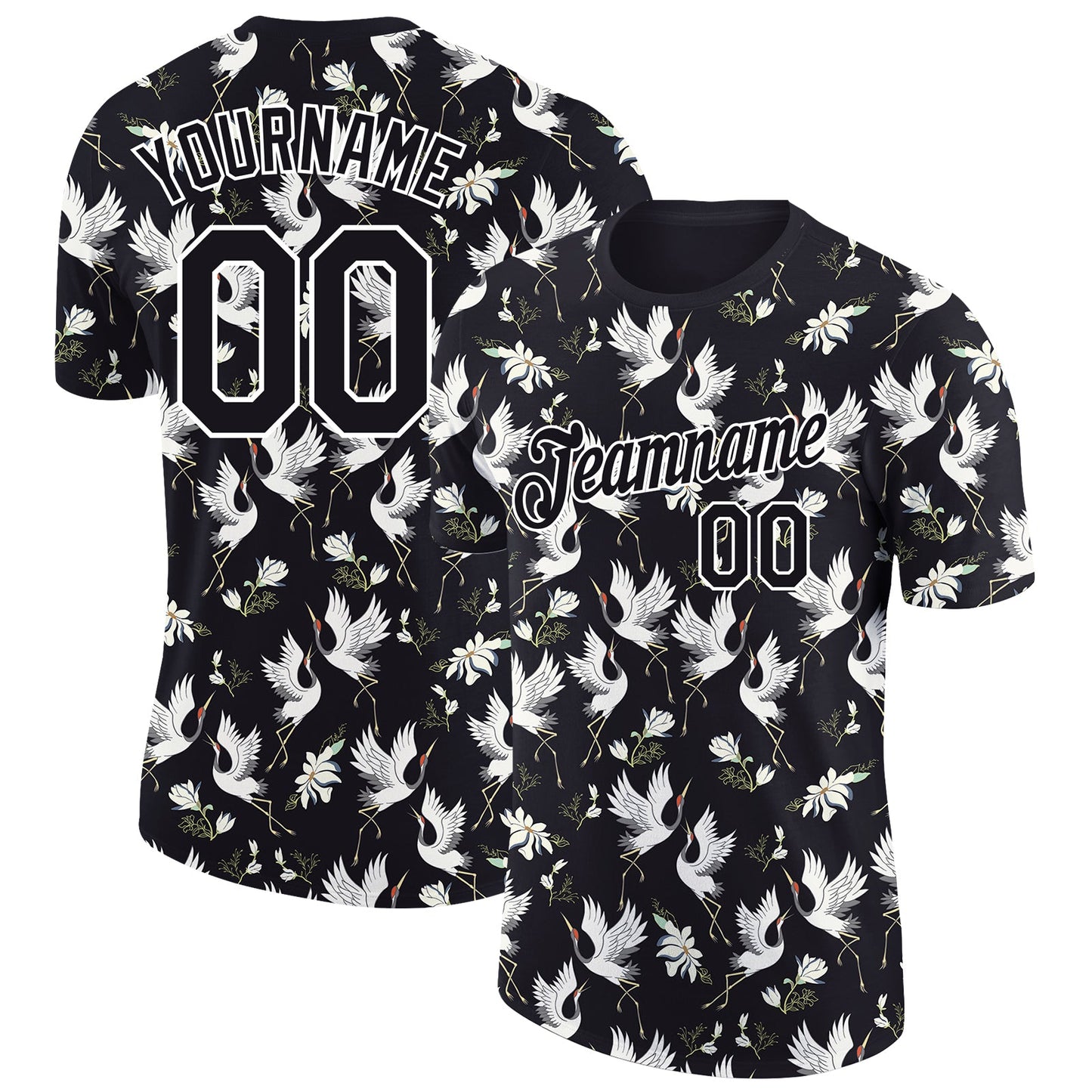 Custom Black White 3D Pattern Design Animal Crane Performance T-Shirt - Main View