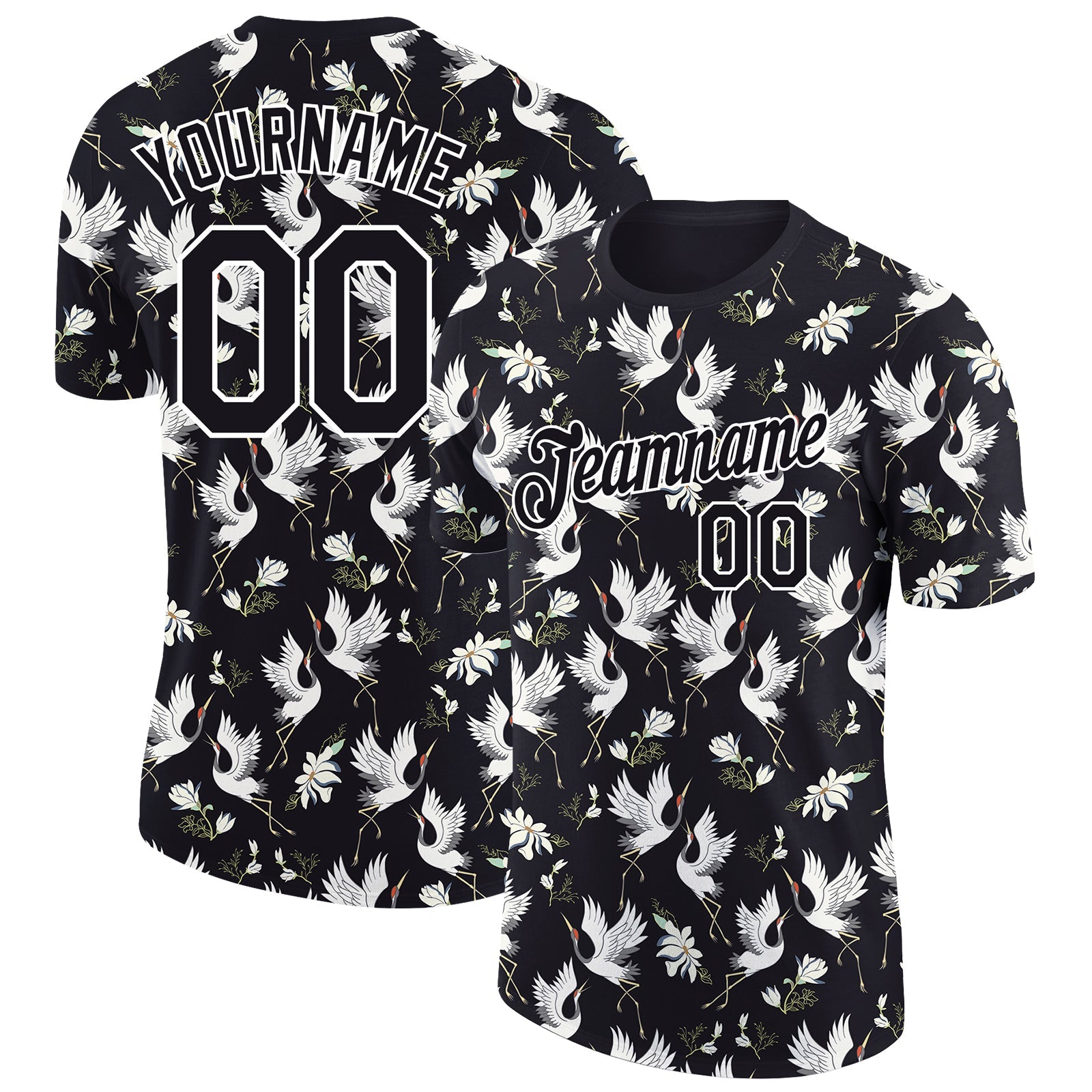 Custom Black White 3D Pattern Design Animal Crane Performance T-Shirt - Main View
