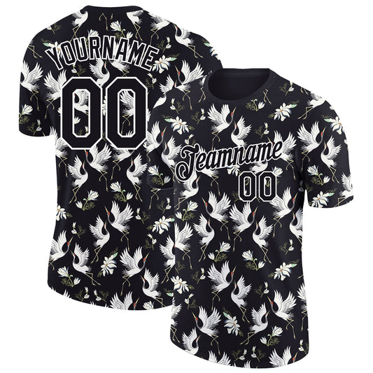 Custom Black White 3D Pattern Design Animal Crane Performance T-Shirt - Main View