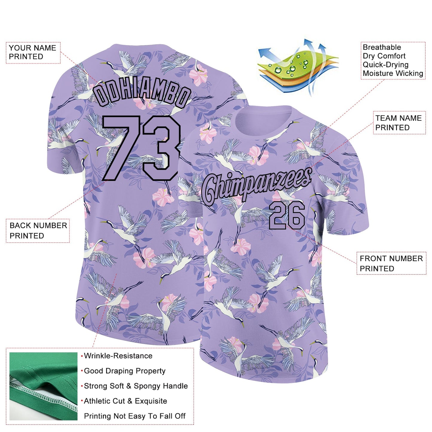 Custom Purple Black 3D Pattern Design Animal Crane Performance T-Shirt view 2