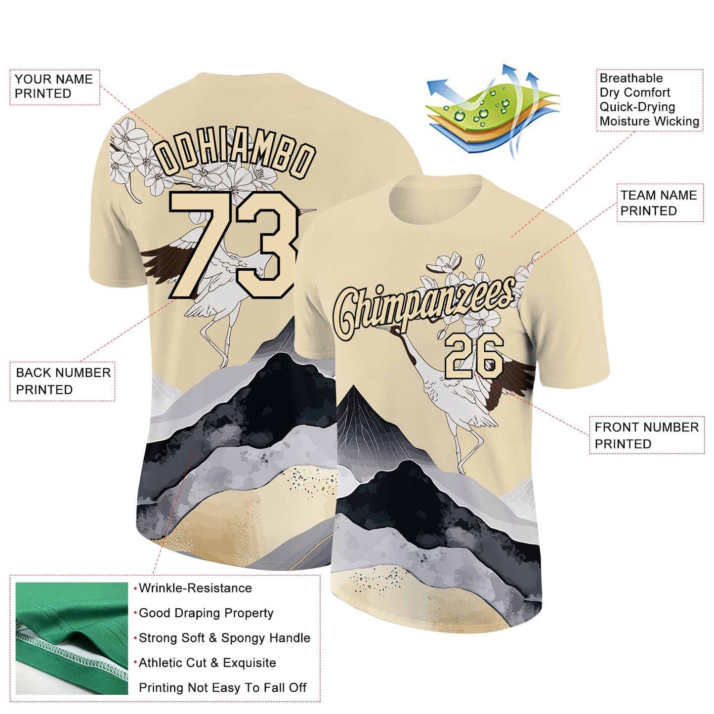 Custom City Cream Black 3D Pattern Design Animal Crane Performance T-Shirt view 2
