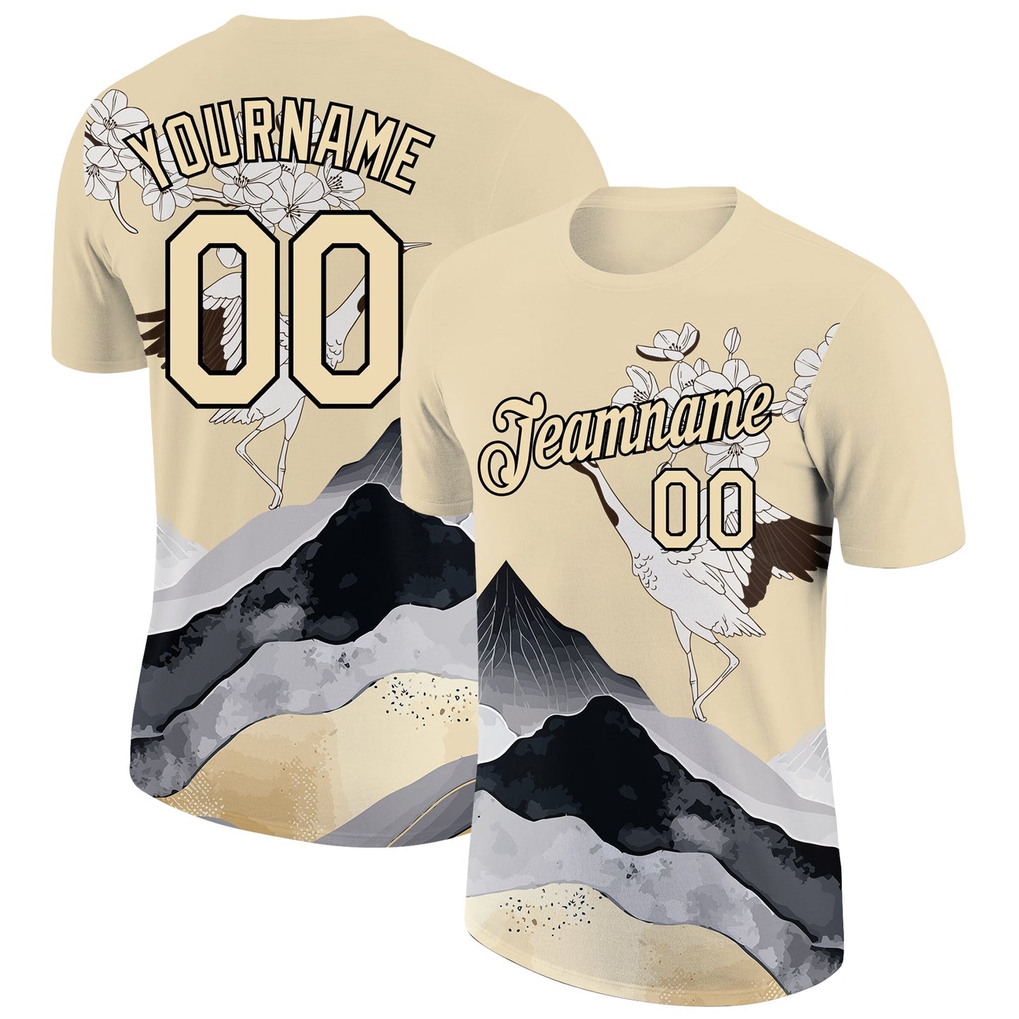 Custom City Cream Black 3D Pattern Design Animal Crane Performance T-Shirt - Main View