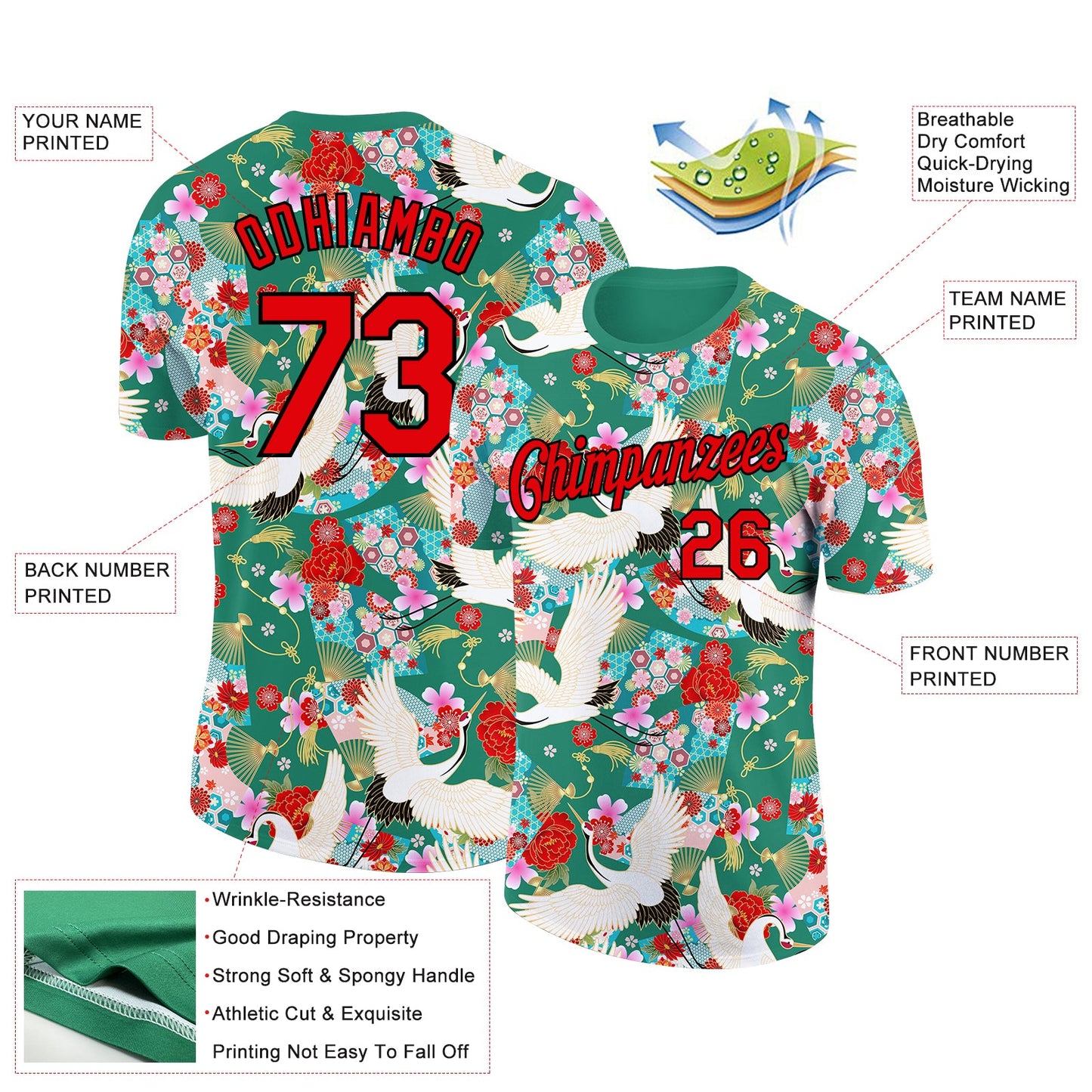 Custom Kelly Green Red-Black 3D Pattern Design Animal Crane Performance T-Shirt view 2