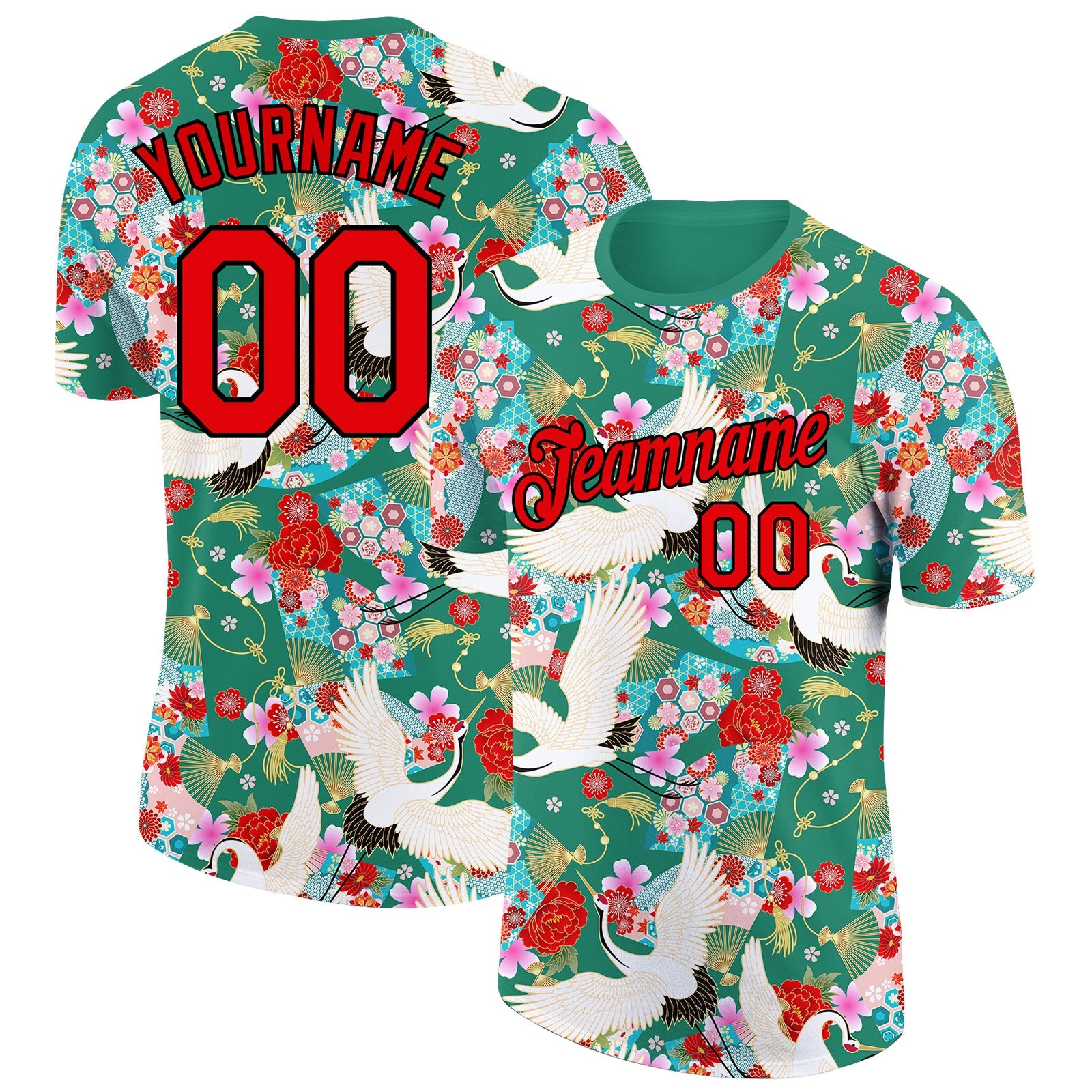 Custom Kelly Green Red-Black 3D Pattern Design Animal Crane Performance T-Shirt - Main View