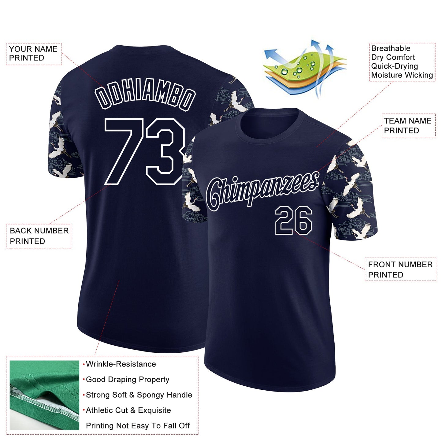 Custom Navy White 3D Pattern Design Animal Crane Performance T-Shirt view 2