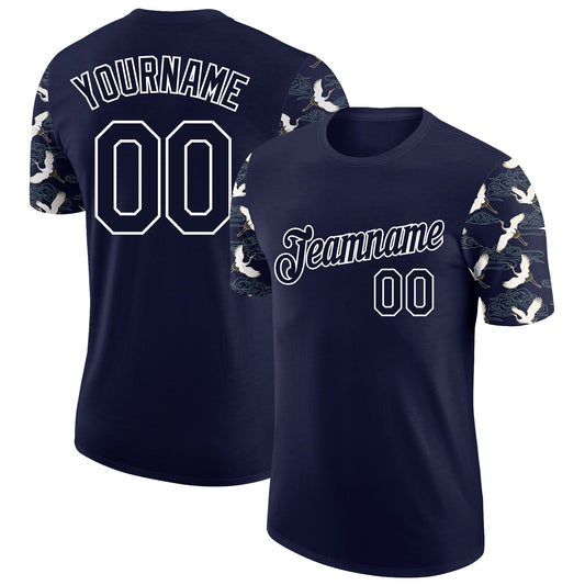 Custom Navy White 3D Pattern Design Animal Crane Performance T-Shirt - Main View
