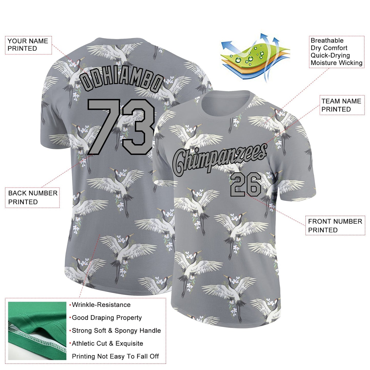Custom Light Gray Black 3D Pattern Design Animal Crane Performance T-Shirt view 2