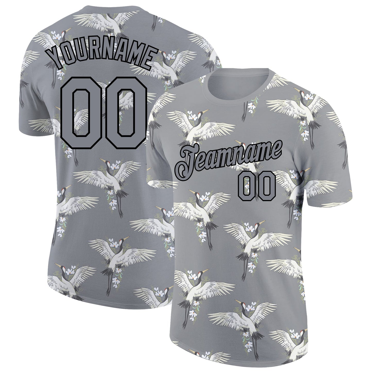 Custom Light Gray Black 3D Pattern Design Animal Crane Performance T-Shirt - Main View