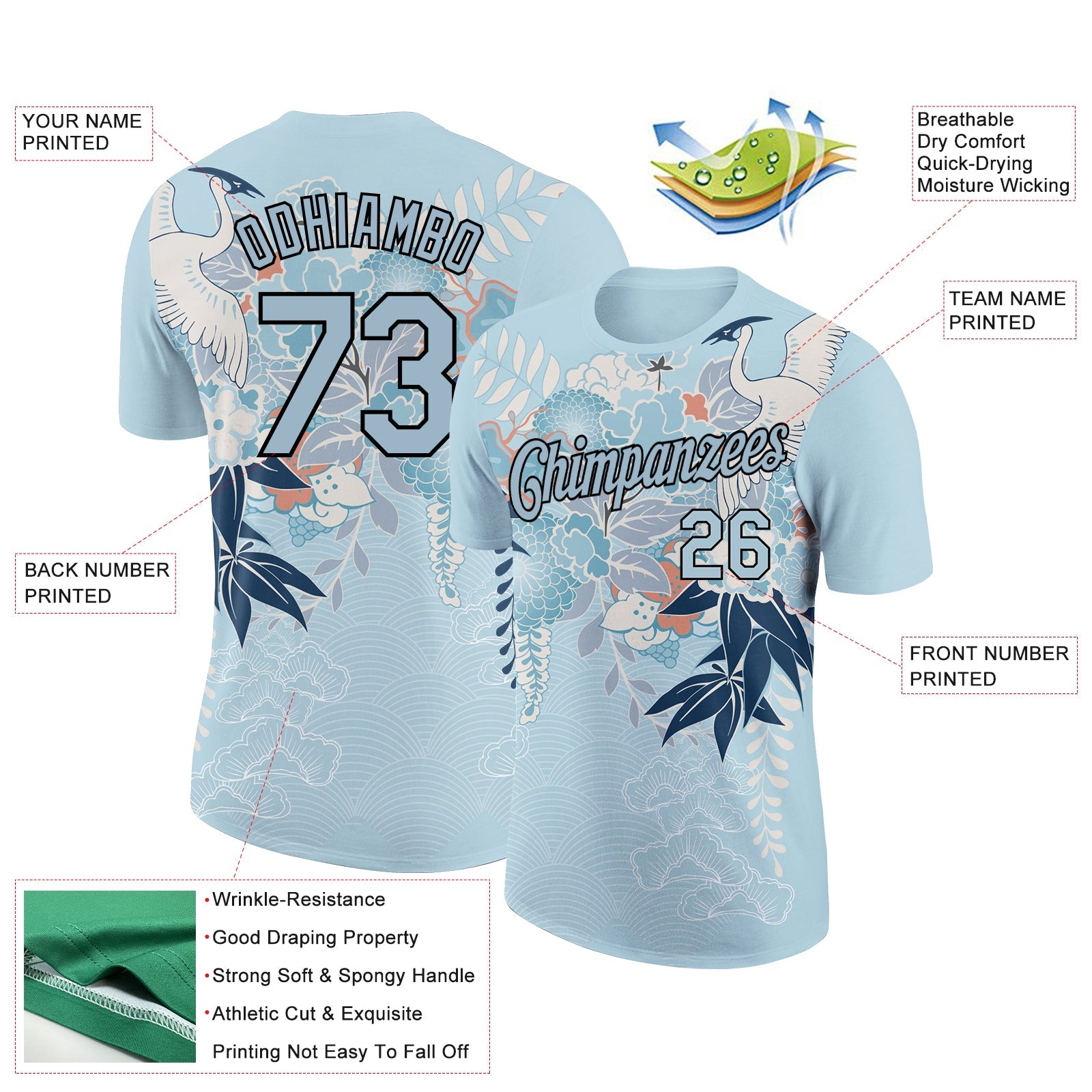 Custom Light Blue Black 3D Pattern Design Animal Crane Performance T-Shirt view 2