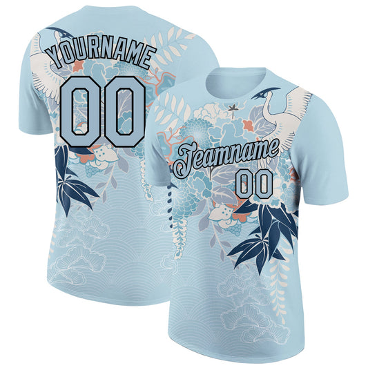 Custom Light Blue Black 3D Pattern Design Animal Crane Performance T-Shirt - Main View