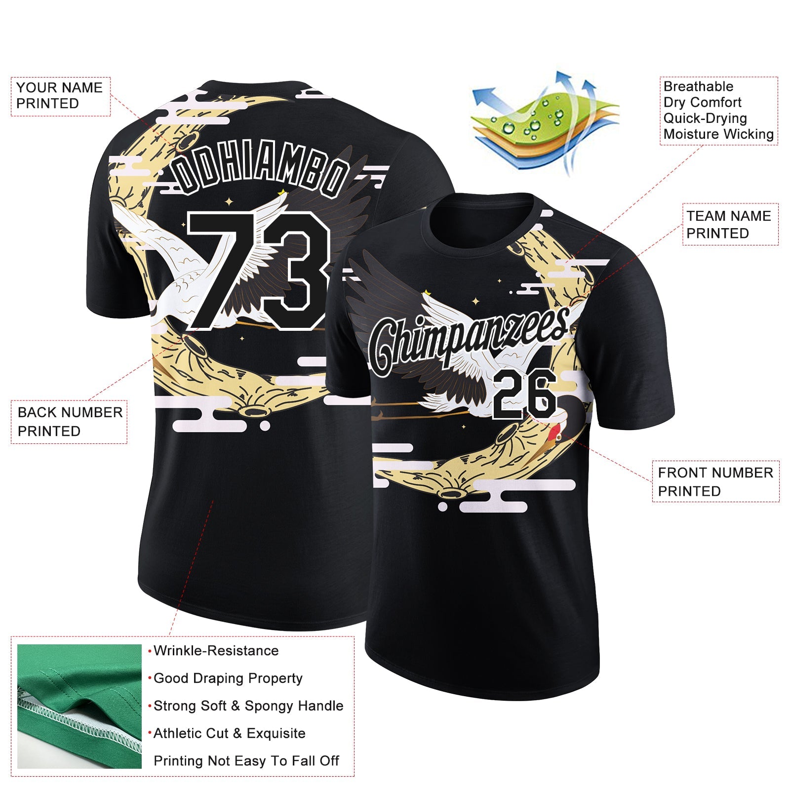 Custom Black White 3D Pattern Design Animal Crane Performance T-Shirt view 2