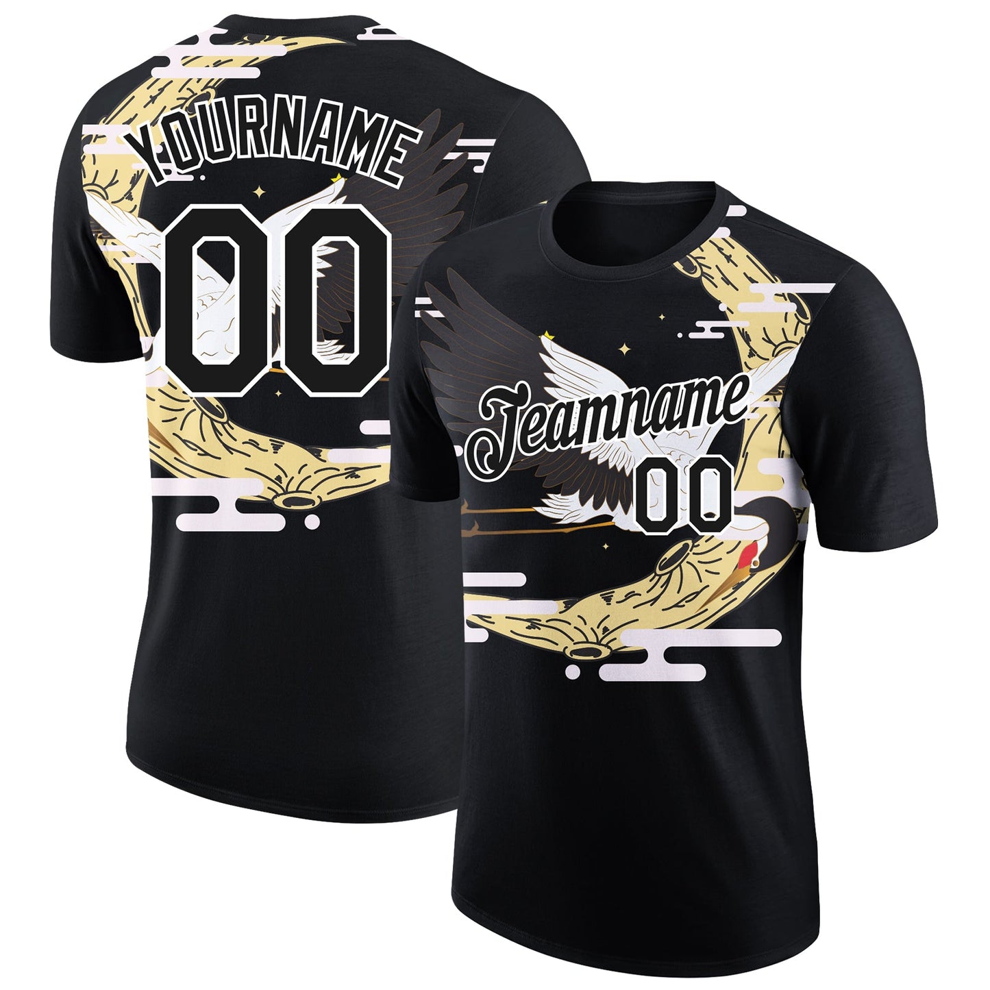 Custom Black White 3D Pattern Design Animal Crane Performance T-Shirt - Main View