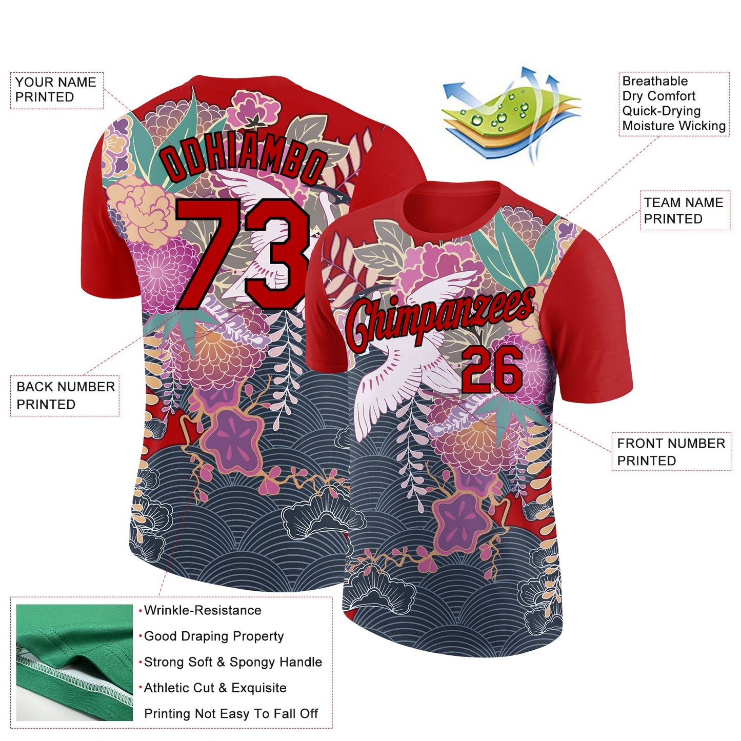 Custom Red Black 3D Pattern Design Animal Crane Performance T-Shirt view 2