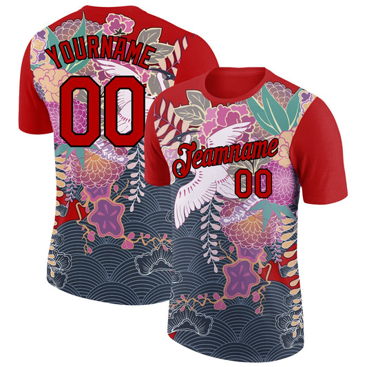 Custom Red Black 3D Pattern Design Animal Crane Performance T-Shirt - Main View