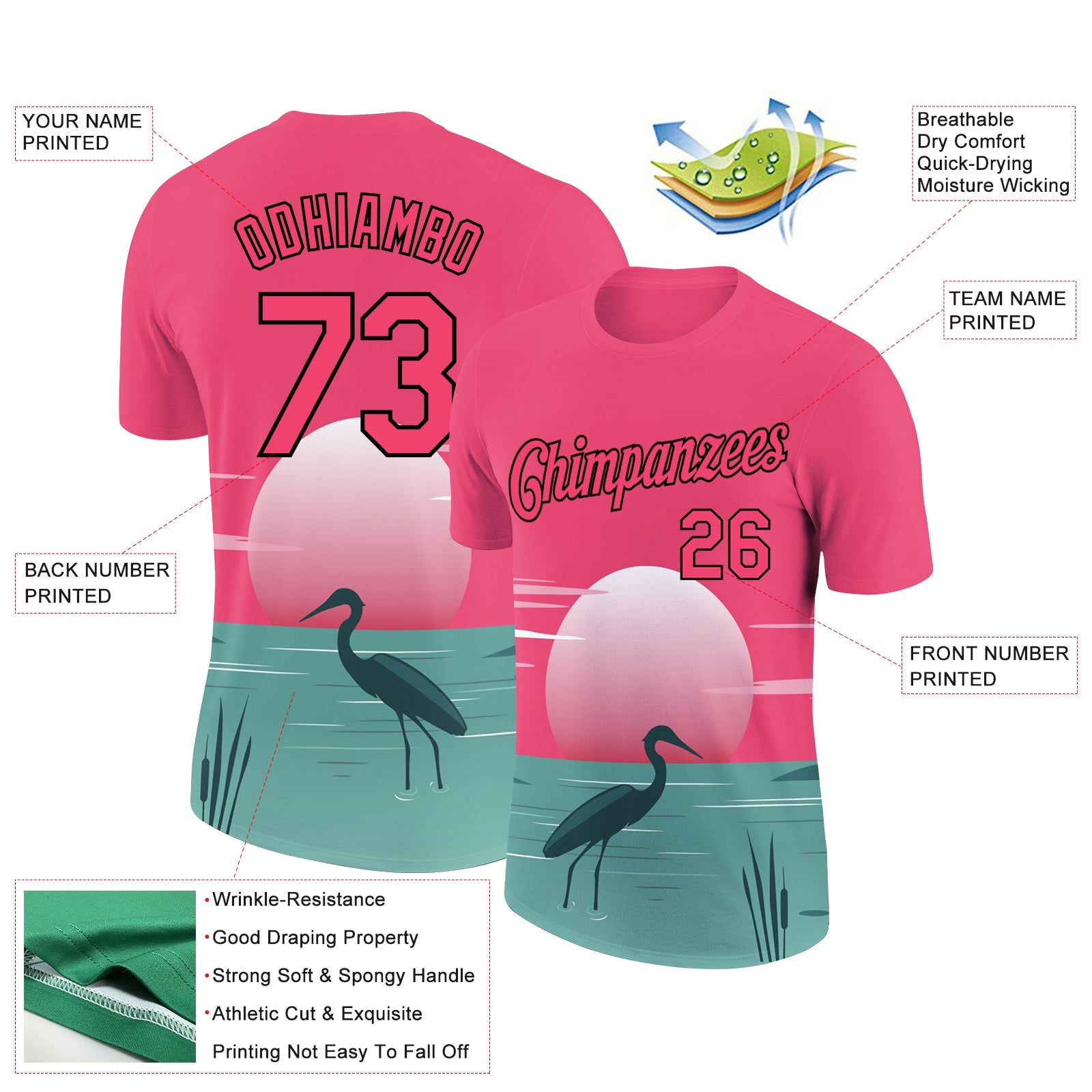 Custom Neon Pink Black 3D Pattern Design Animal Heron Performance T-Shirt view 2