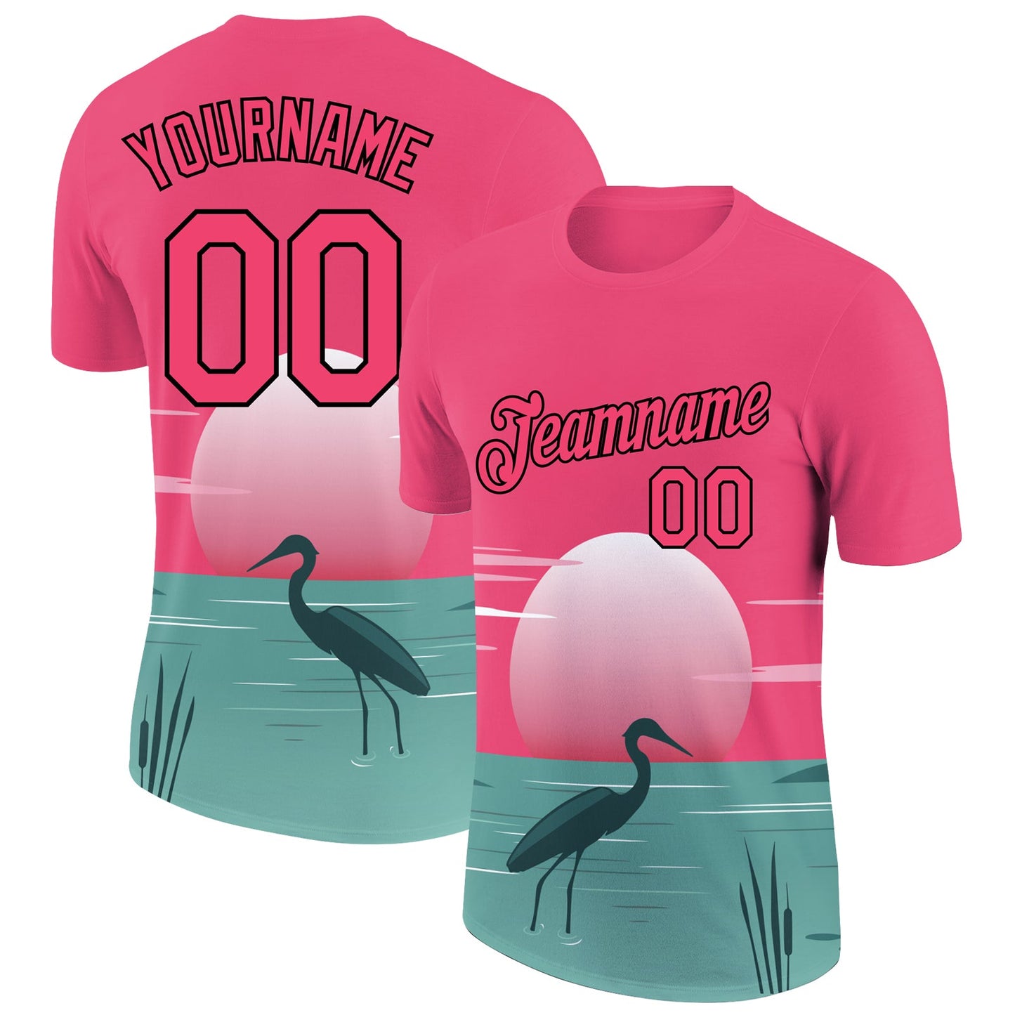 Custom Neon Pink Black 3D Pattern Design Animal Heron Performance T-Shirt - Main View