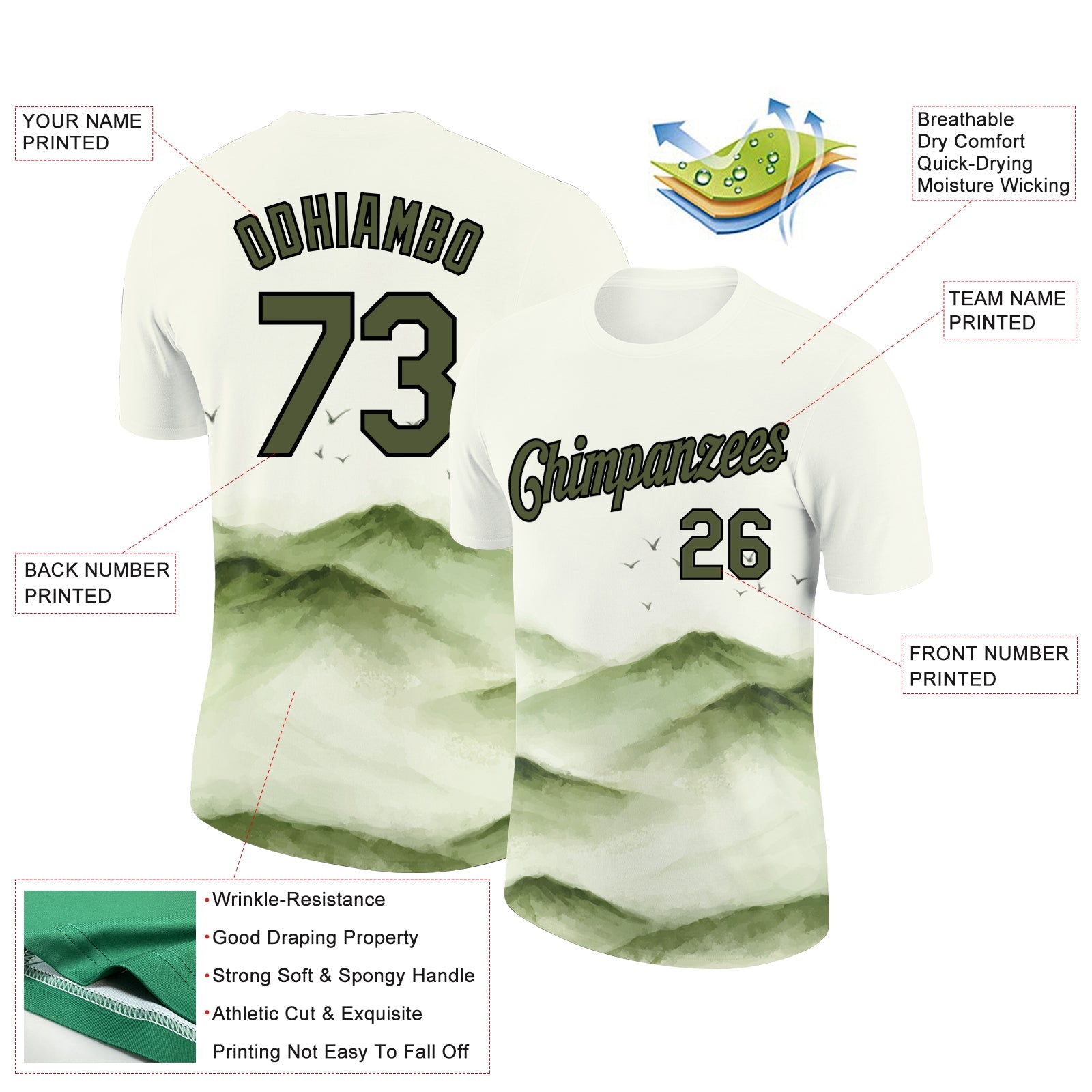 Custom White Olive-Black 3D Pattern Design Mountain Performance T-Shirt view 2