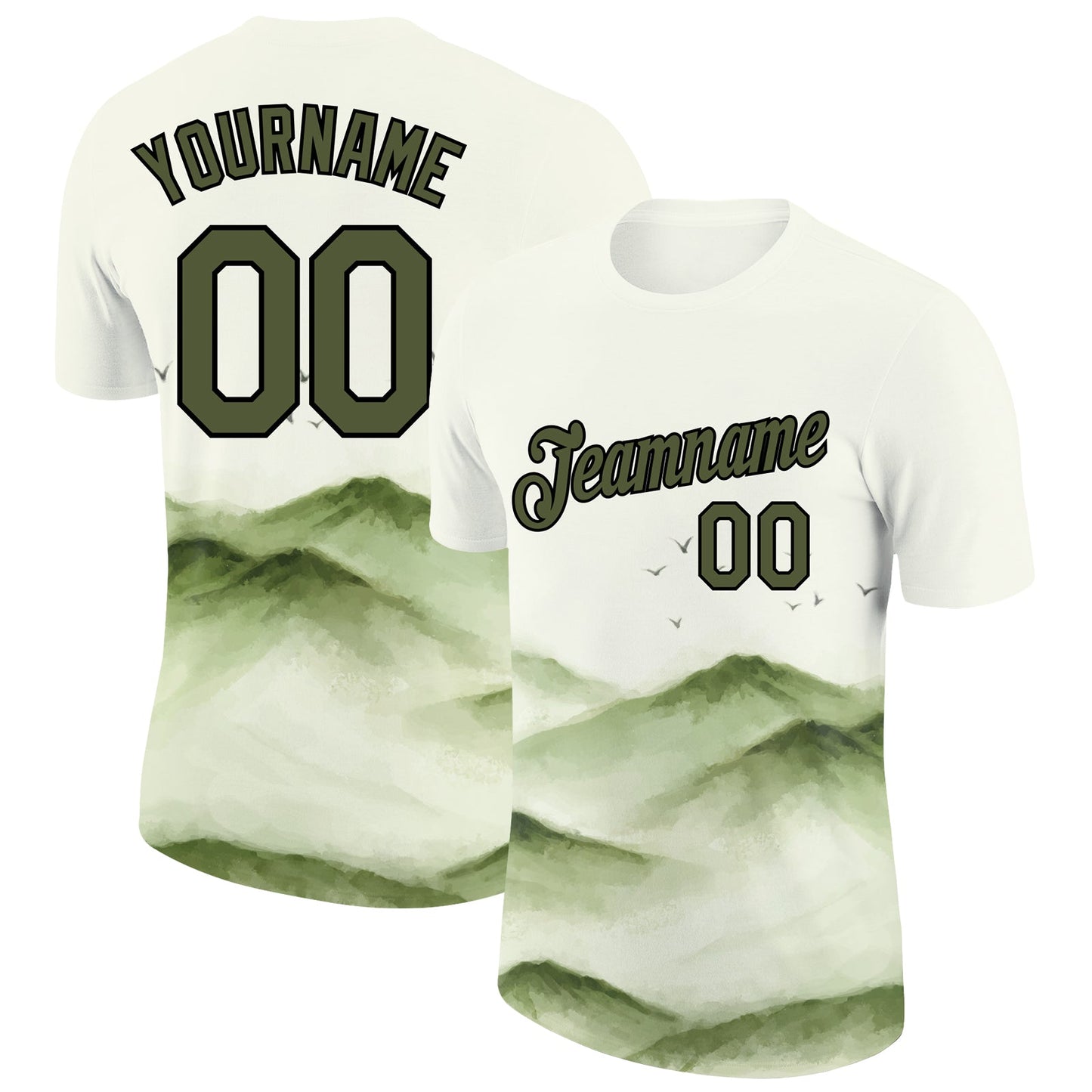 Custom White Olive-Black 3D Pattern Design Mountain Performance T-Shirt - Main View