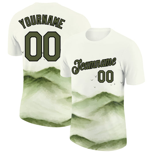 Custom White Olive-Black 3D Pattern Design Mountain Performance T-Shirt - Main View