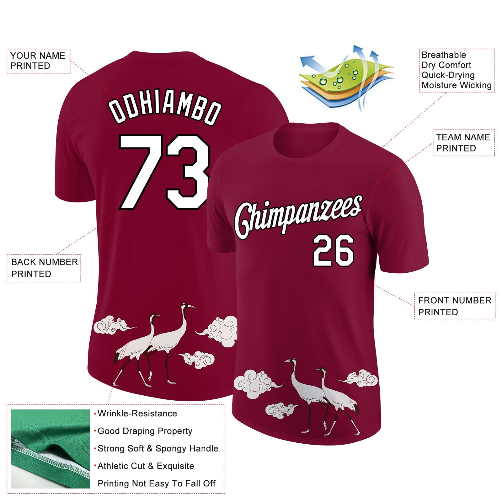 Custom Maroon White-Black 3D Pattern Design Animal Crane Performance T-Shirt view 2