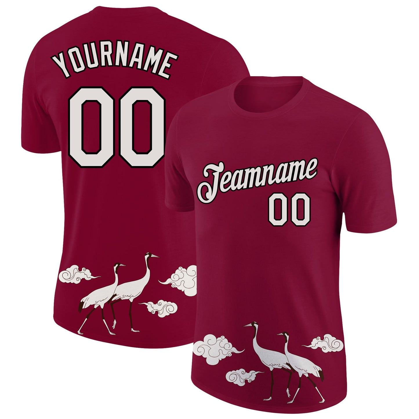 Custom Maroon White-Black 3D Pattern Design Animal Crane Performance T-Shirt - Main View