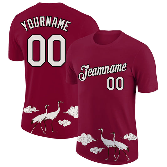 Custom Maroon White-Black 3D Pattern Design Animal Crane Performance T-Shirt - Main View