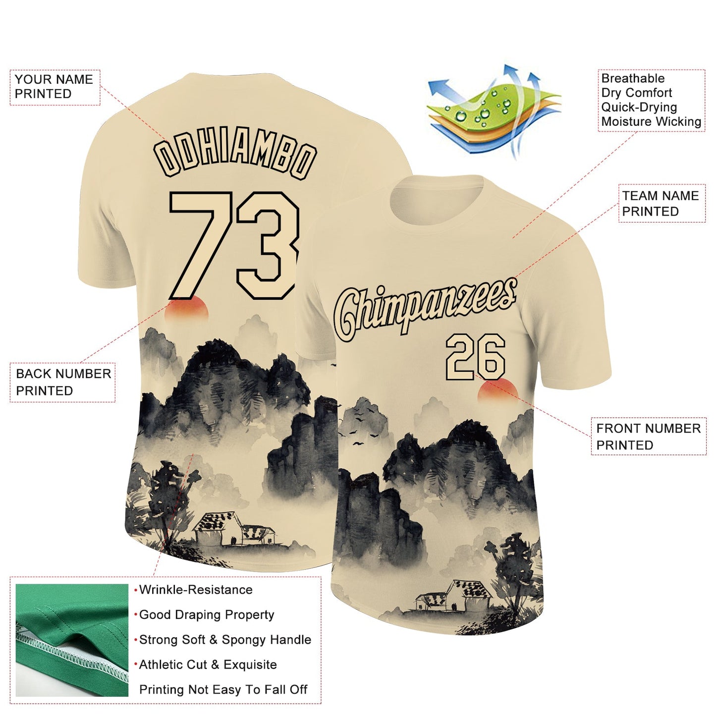Custom City Cream Black 3D Pattern Design Mountain Performance T-Shirt view 2