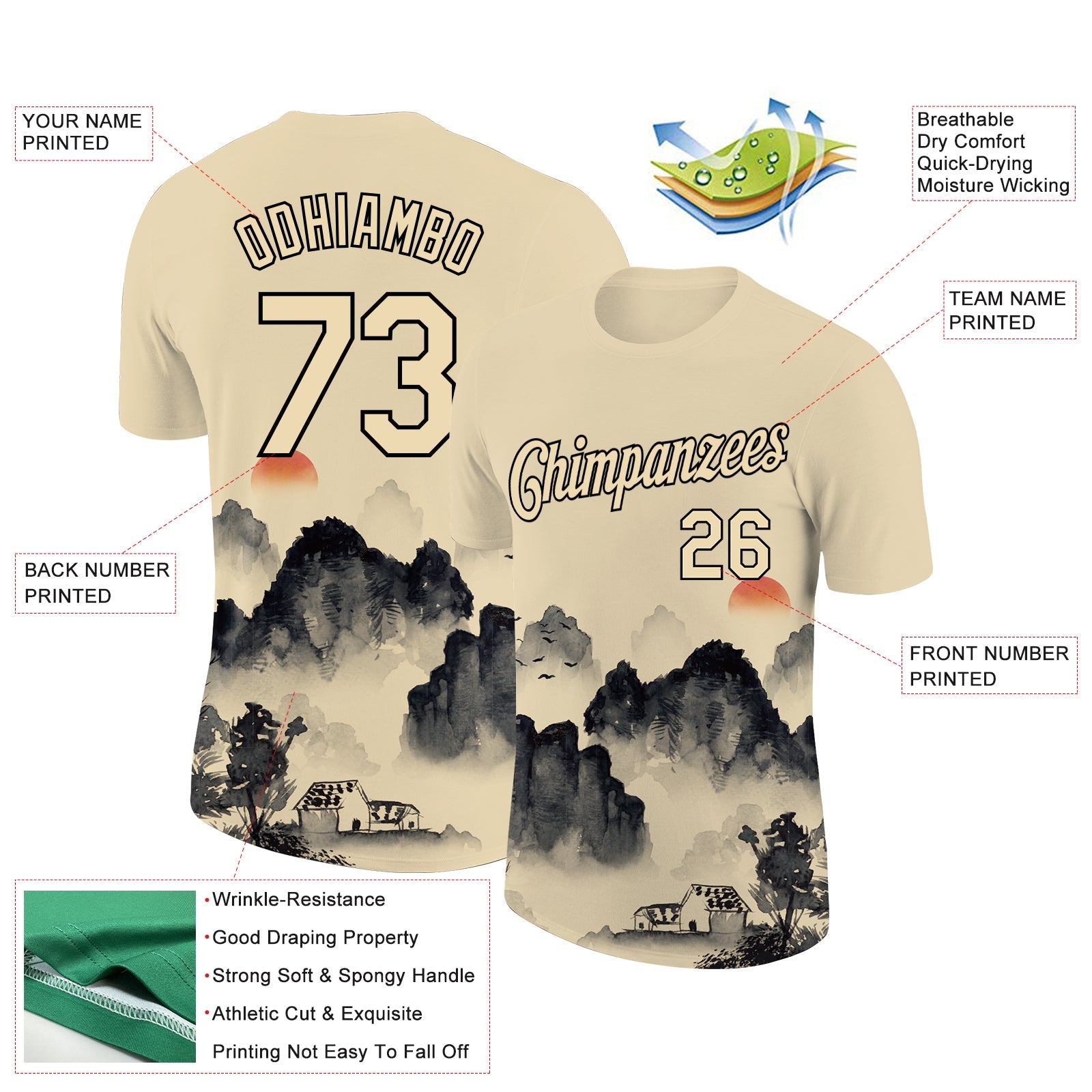Custom City Cream Black 3D Pattern Design Mountain Performance T-Shirt view 2