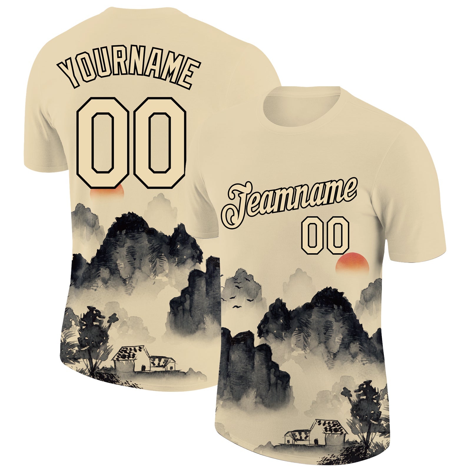 Custom City Cream Black 3D Pattern Design Mountain Performance T-Shirt - Main View