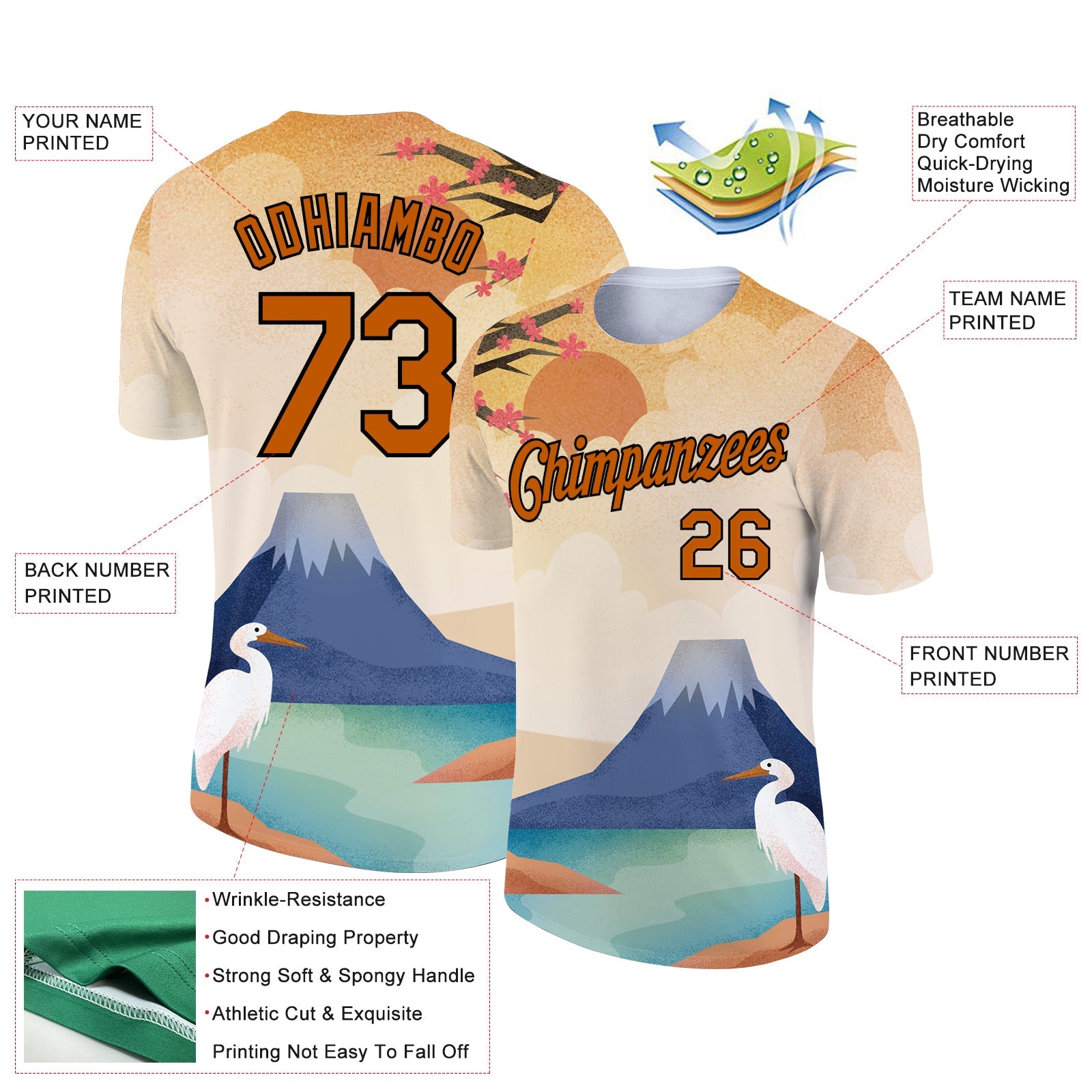 Custom City Cream Texas Orange-Black 3D Pattern Design Animal Heron Performance T-Shirt view 2