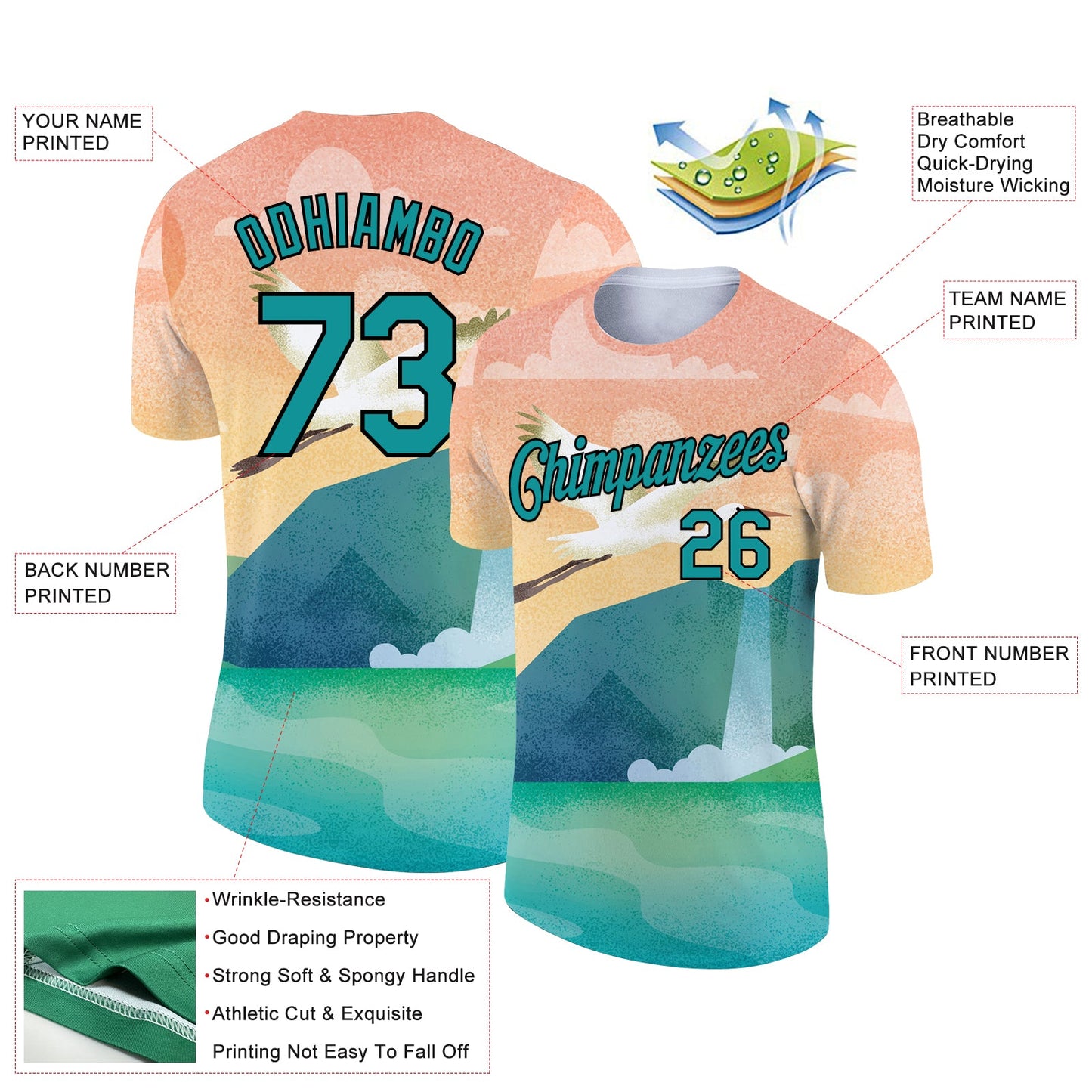 Custom Teal Black 3D Pattern Design Animal Crane Performance T-Shirt view 2