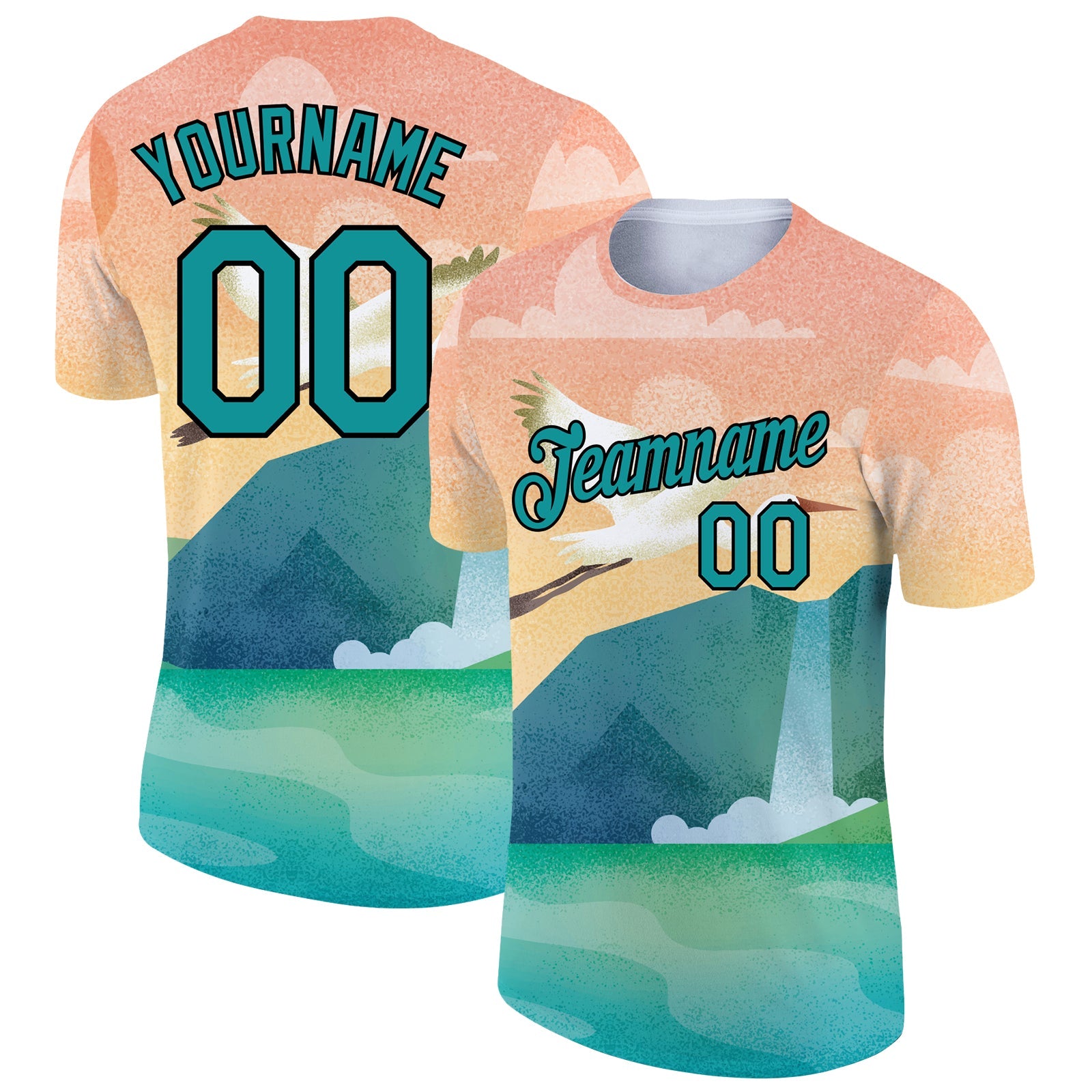 Custom Teal Black 3D Pattern Design Animal Crane Performance T-Shirt - Main View
