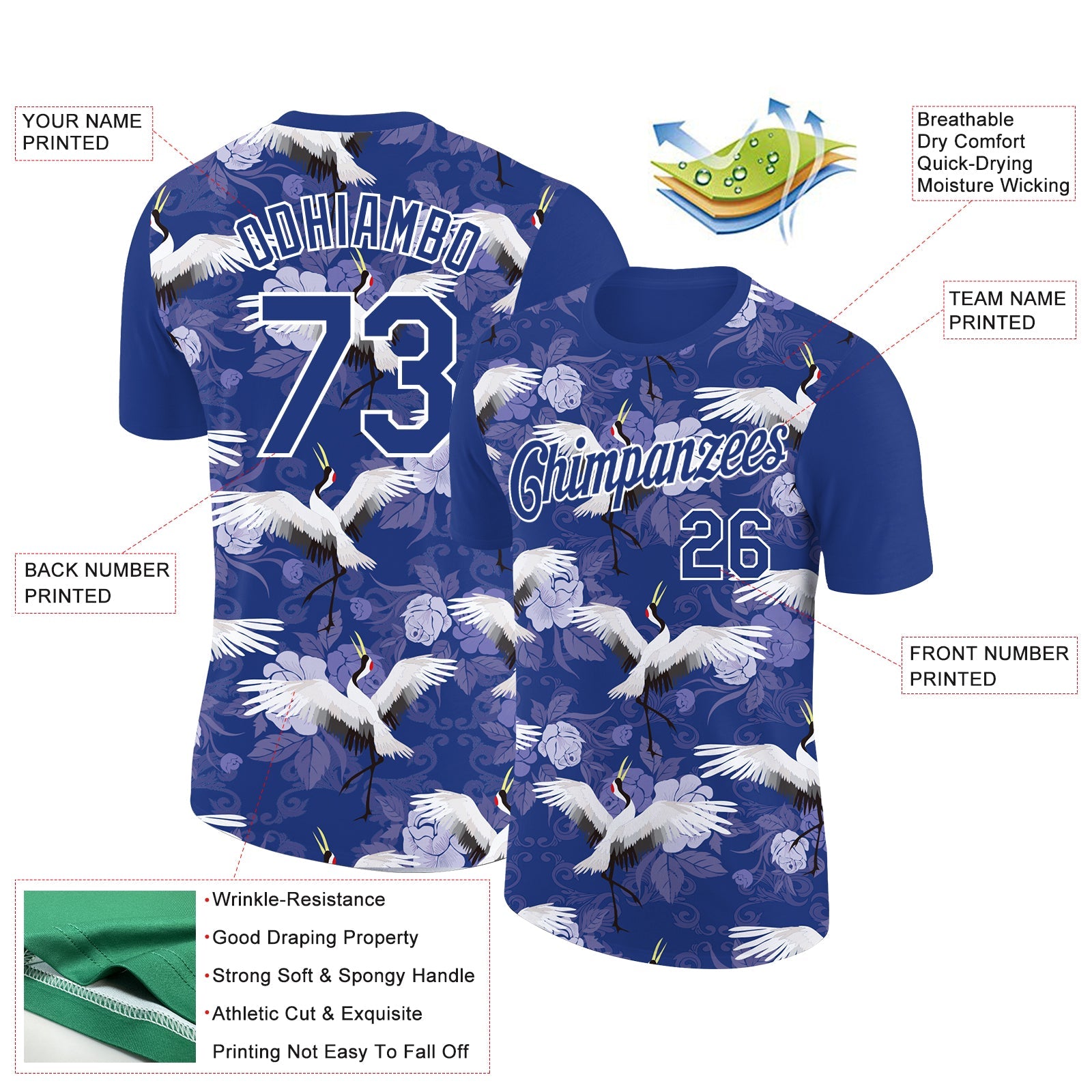 Custom Royal White 3D Pattern Design Animal Crane Performance T-Shirt view 2