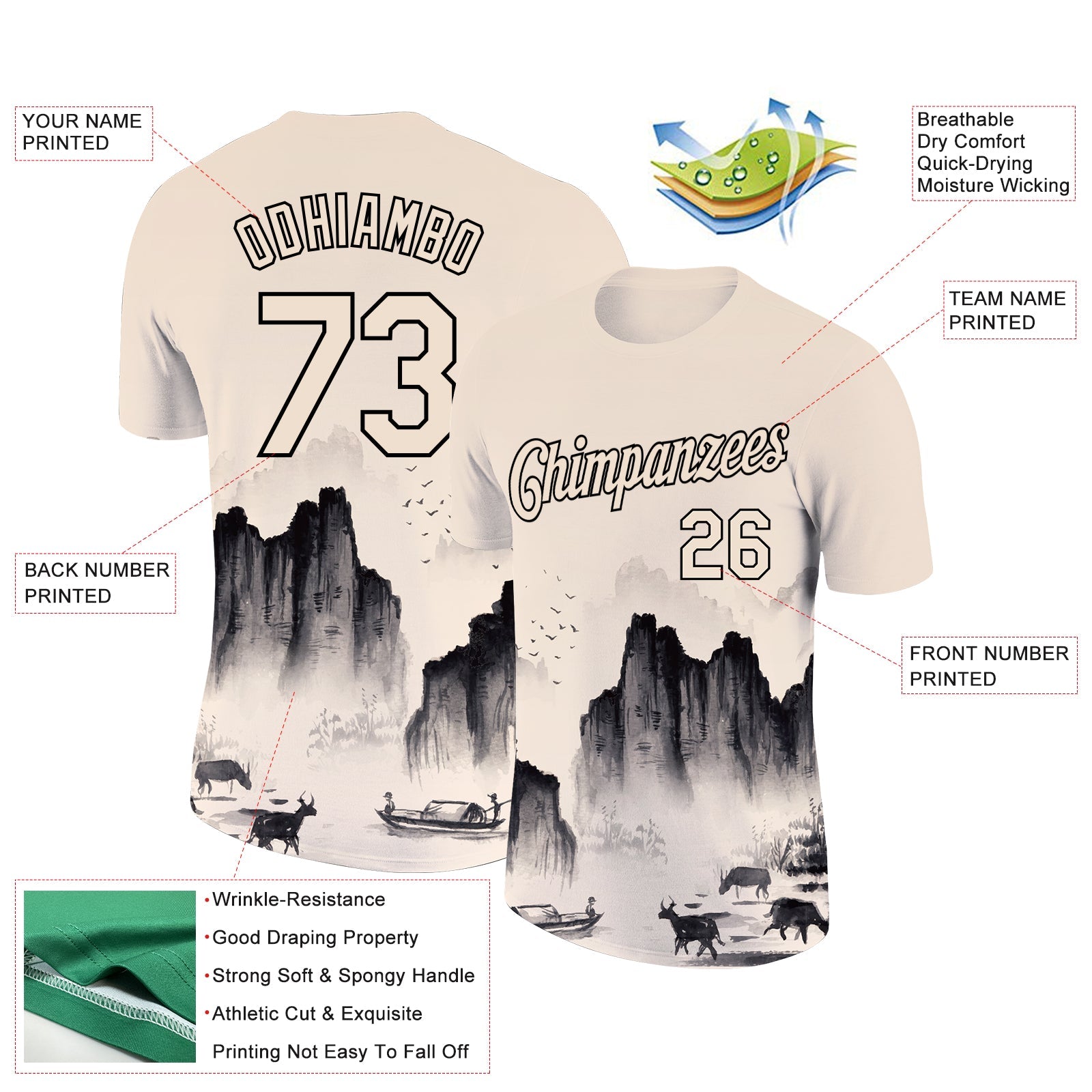 Custom Cream Black 3D Pattern Design Mountain Performance T-Shirt view 2