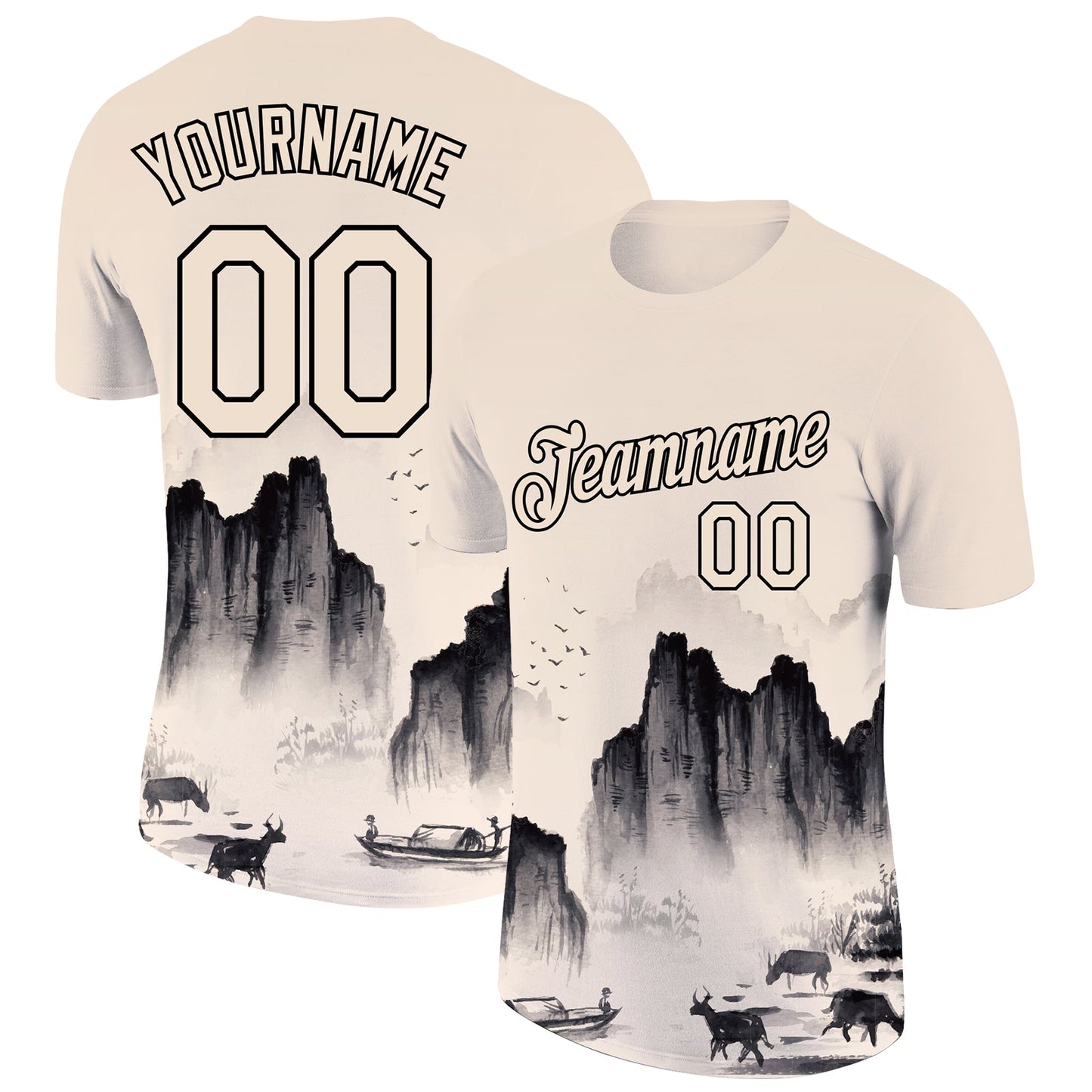 Custom Cream Black 3D Pattern Design Mountain Performance T-Shirt - Main View