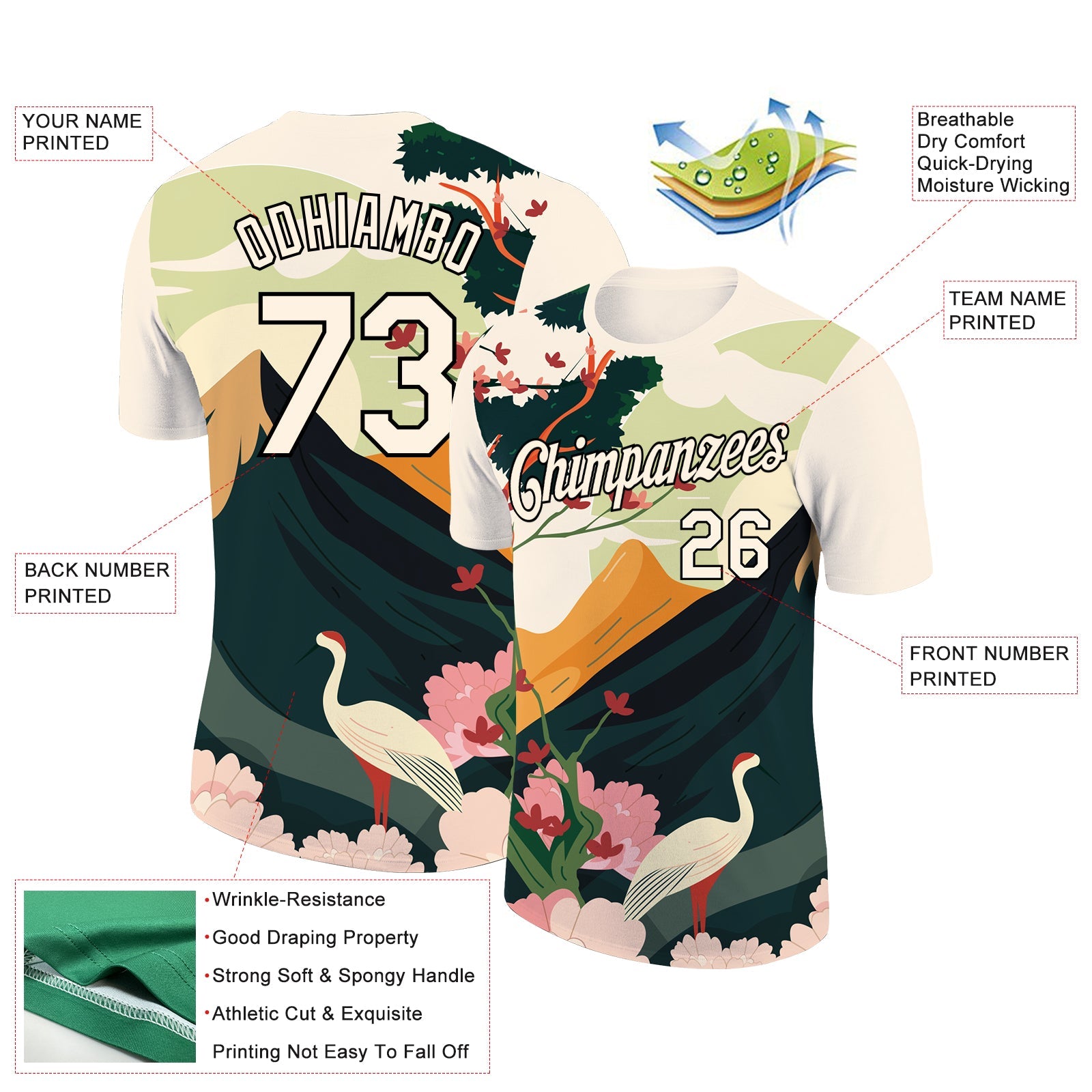 Custom Cream Black 3D Pattern Design Animal Crane Performance T-Shirt view 2