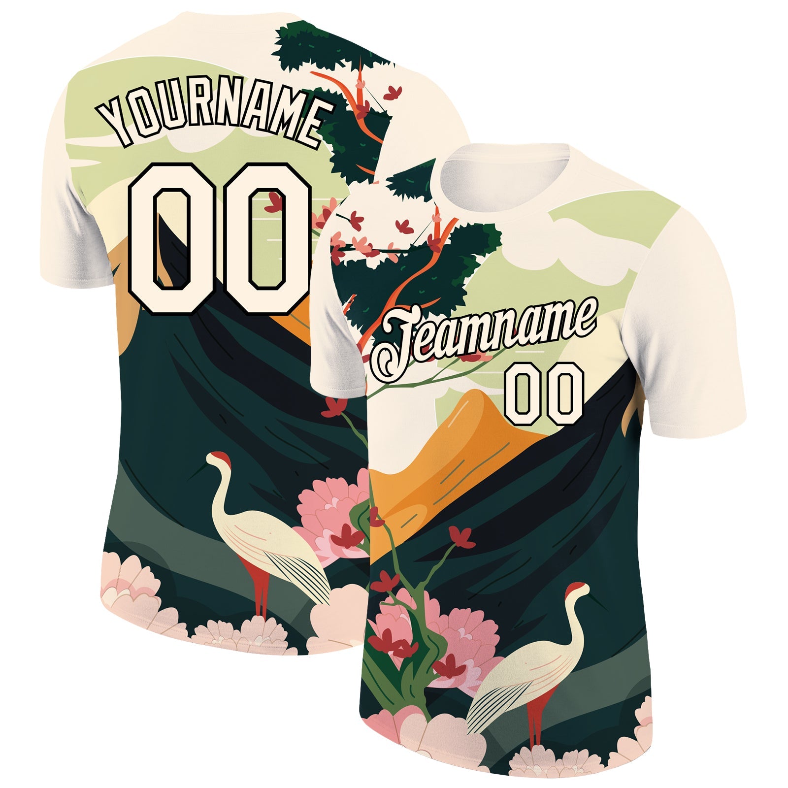 Custom Cream Black 3D Pattern Design Animal Crane Performance T-Shirt - Main View