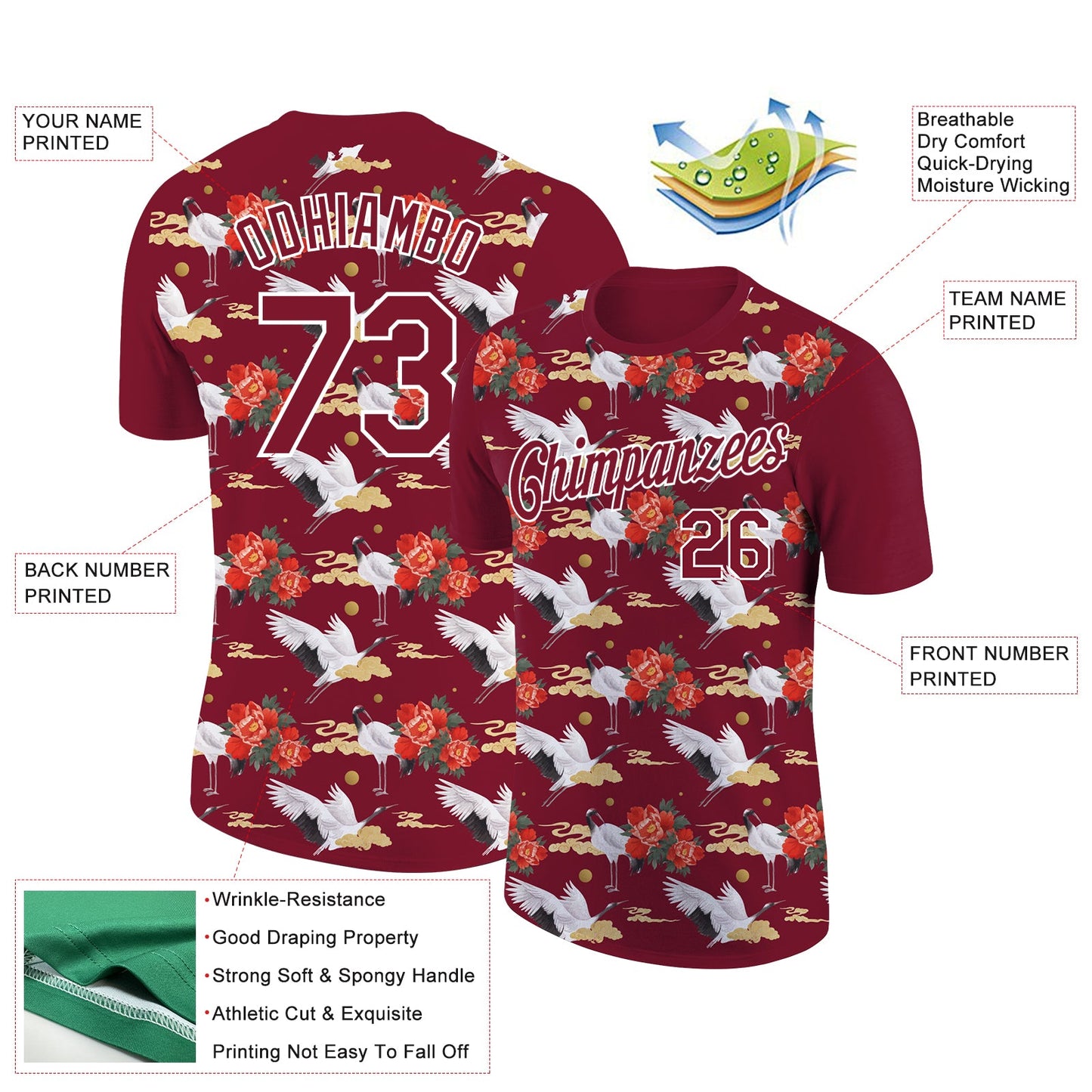 Custom Crimson White 3D Pattern Design Animal Crane Performance T-Shirt view 2