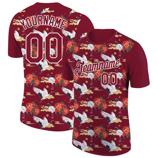 Custom Crimson White 3D Pattern Design Animal Crane Performance T-Shirt - Main View