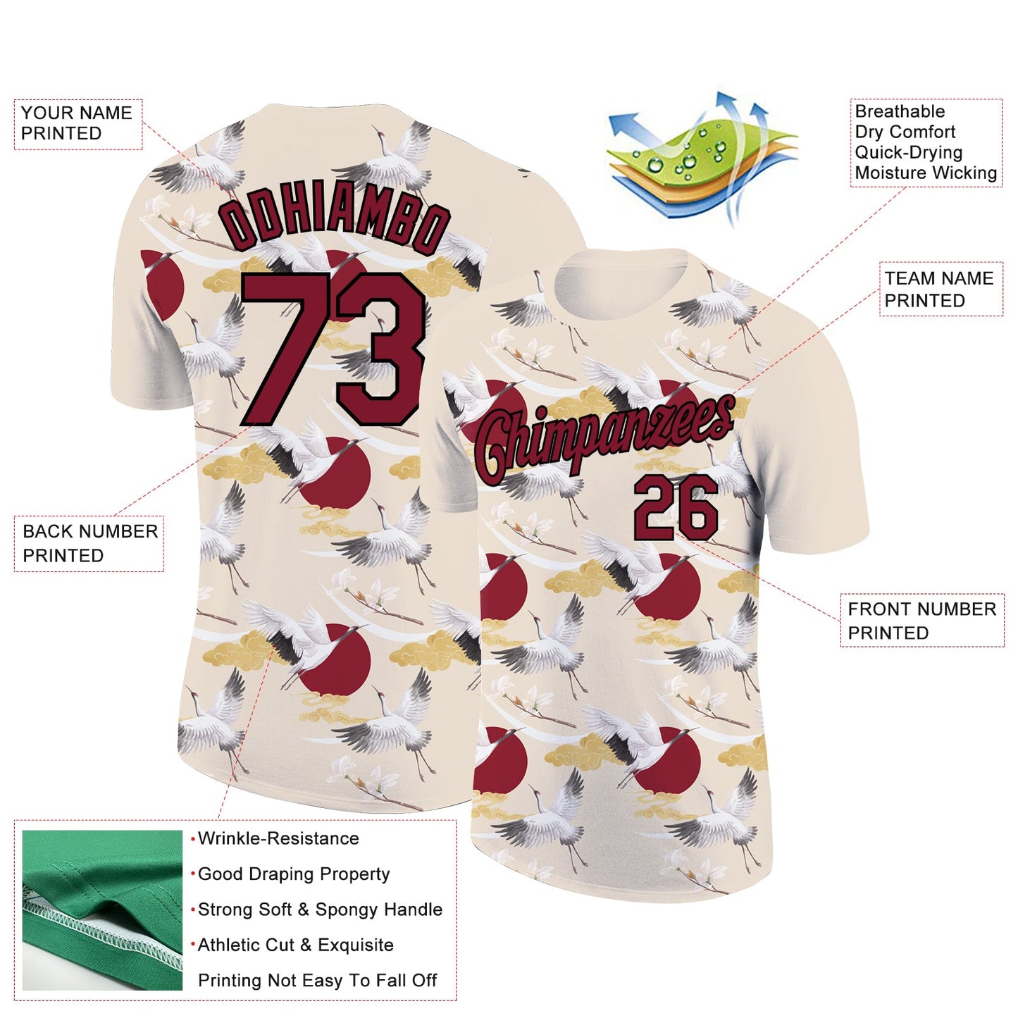 Custom Cream Crimson-Black 3D Pattern Design Animal Crane Performance T-Shirt view 2