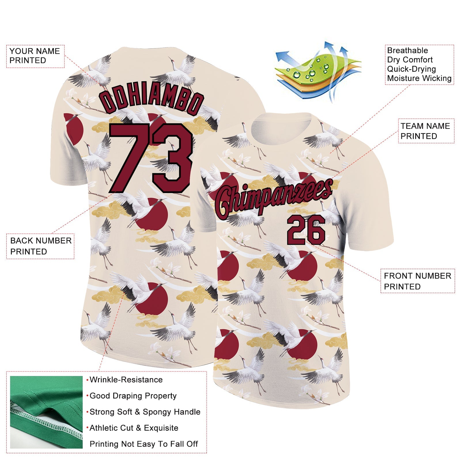Custom Cream Crimson-Black 3D Pattern Design Animal Crane Performance T-Shirt view 2