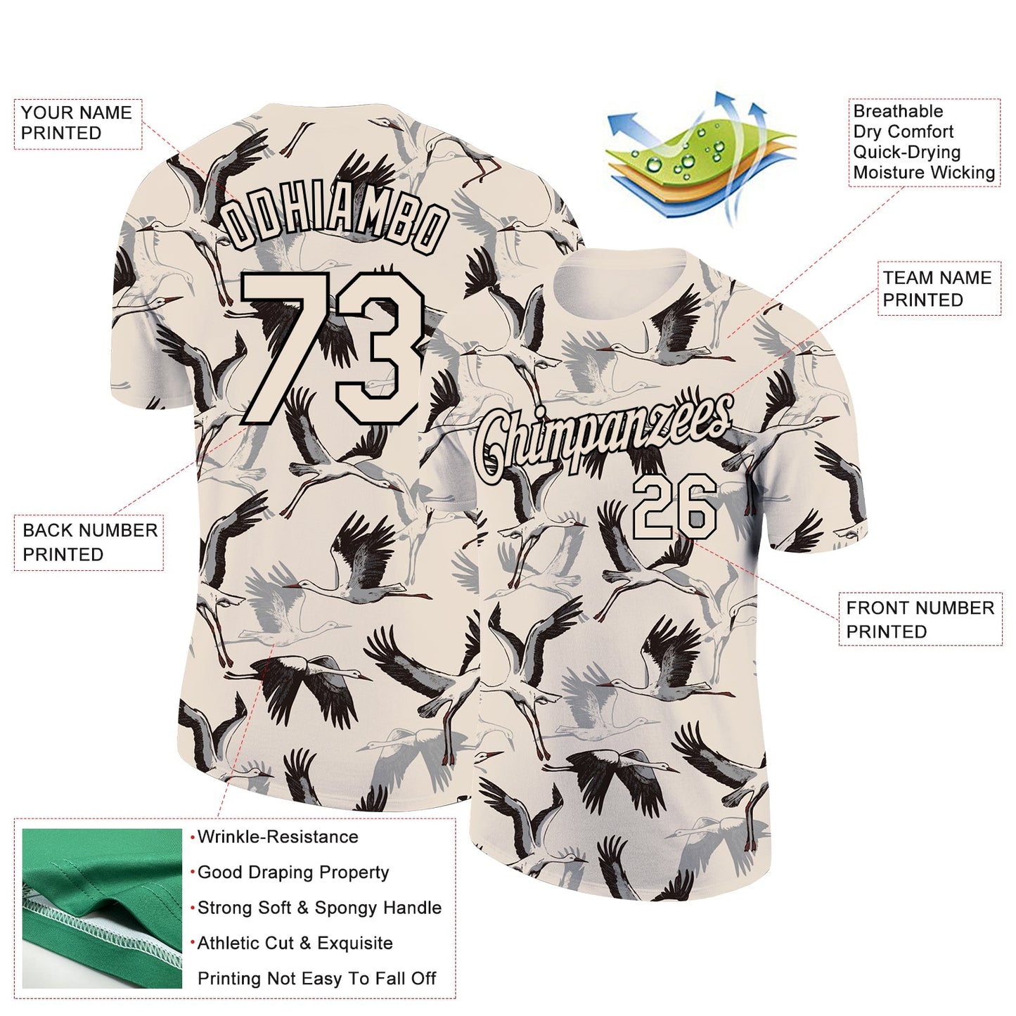 Custom Cream Black 3D Pattern Design Animal Crane Performance T-Shirt view 2