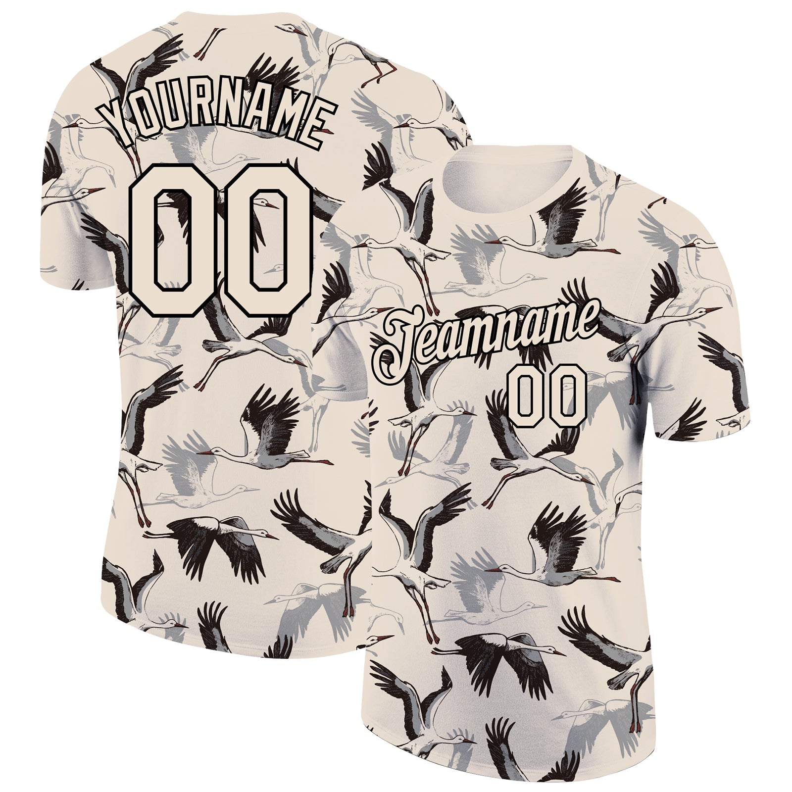 Custom Cream Black 3D Pattern Design Animal Crane Performance T-Shirt - Main View