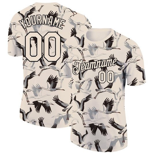 Custom Cream Black 3D Pattern Design Animal Crane Performance T-Shirt - Main View