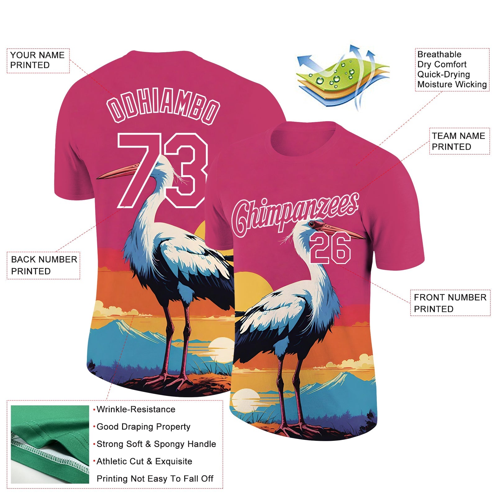 Custom Neon Pink White 3D Pattern Design Animal Crane Performance T-Shirt view 2