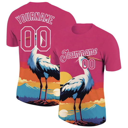Custom Neon Pink White 3D Pattern Design Animal Crane Performance T-Shirt - Main View
